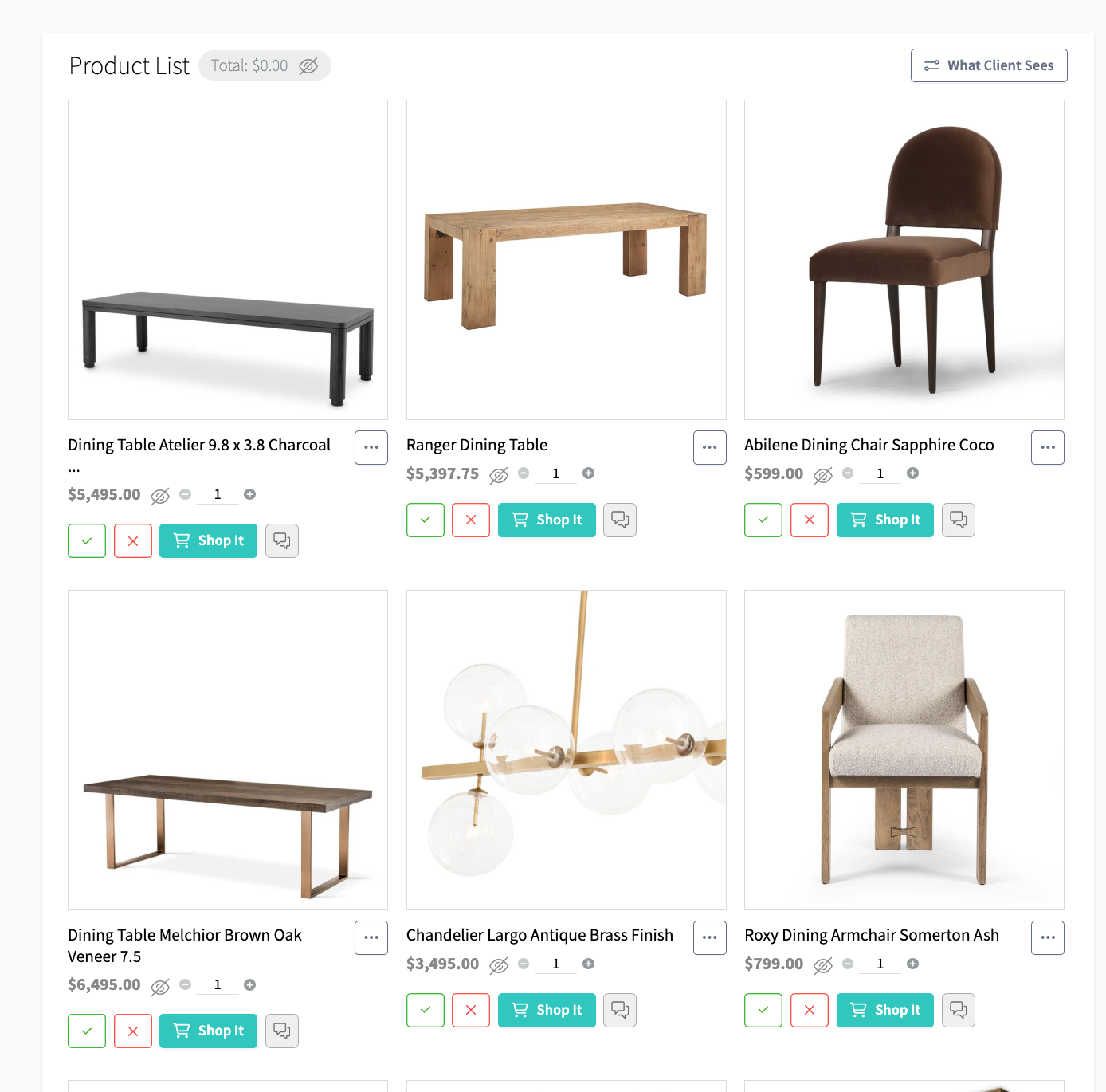 Screenshot of a furniture online store displaying six different furniture pieces including dining tables, chairs, a chandelier, and an armchair, each with prices and purchase options.