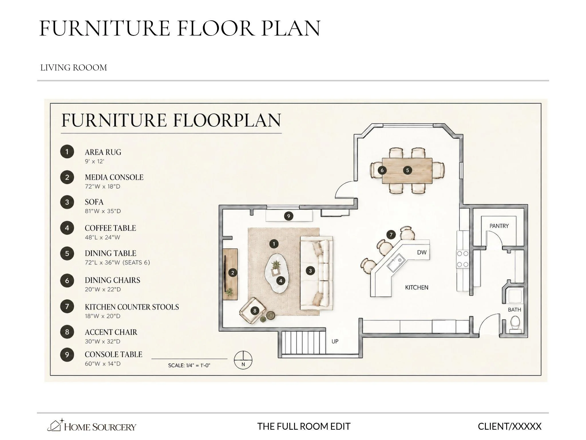 Floor plan of a living room showing furniture arrangements, including a rug, media console, sofa, coffee table, and dining table with chairs.