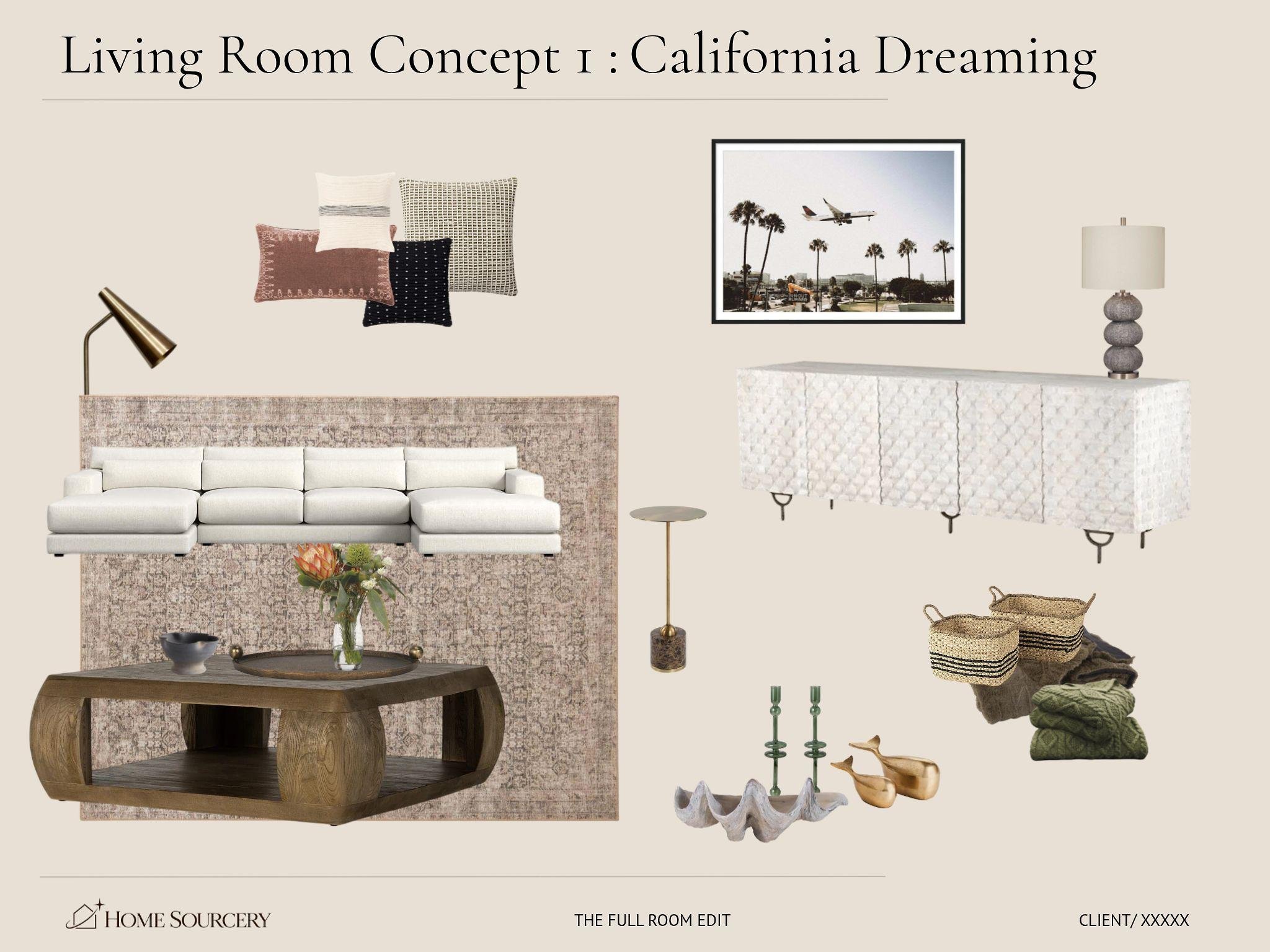 Interior design mood board for a California-themed living room with a white sofa, eclectic pillows, a wooden coffee table, textured and modern decor, a framed airplane photo, a white sideboard with a stone table lamp, and accent pieces including bask