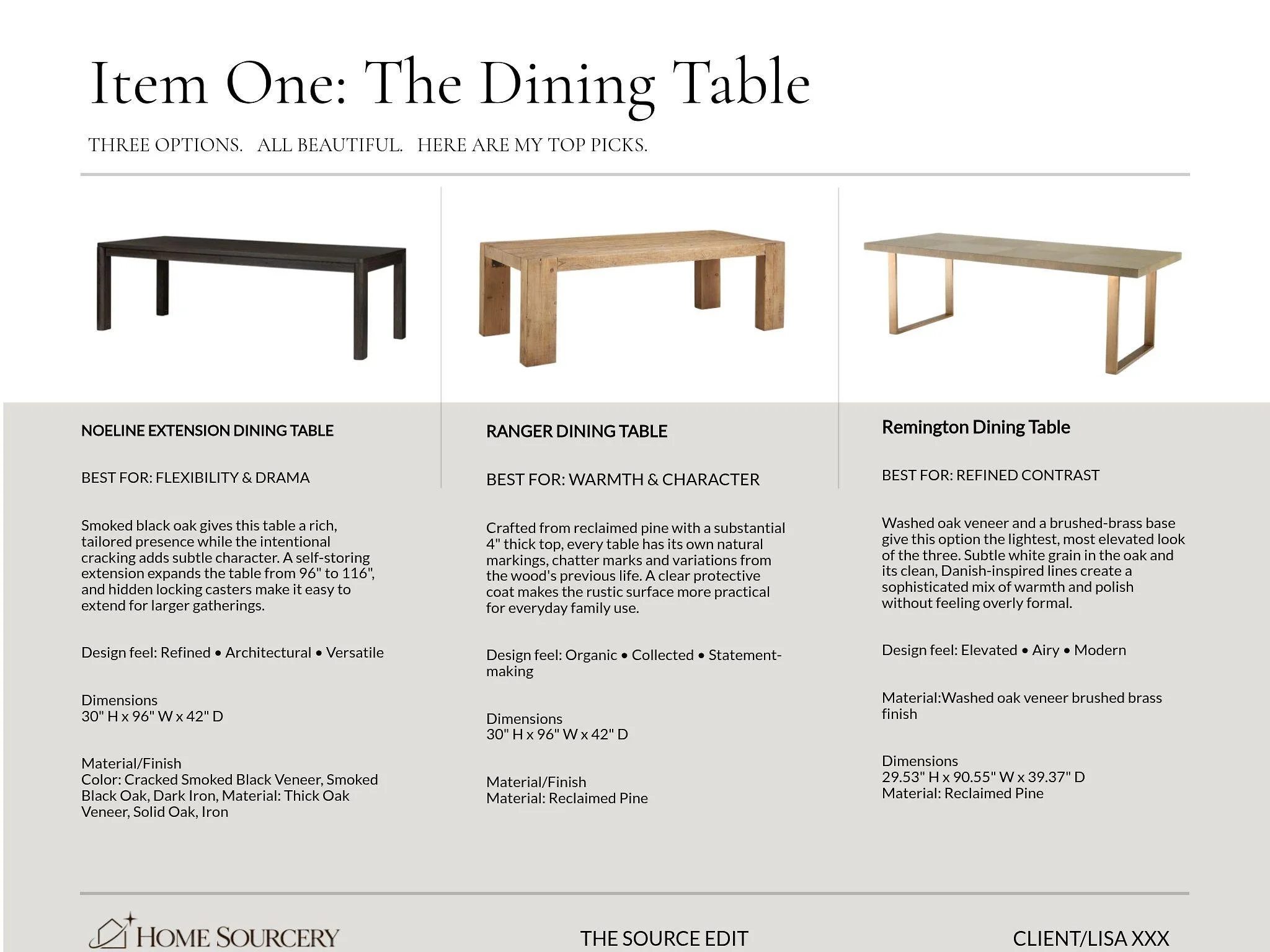 A selection of three dining tables in different styles and finishes. The first is a black smoked oak extension table, the second is a reclaimed pine table, and the third is a brushed brass-finished oak table.