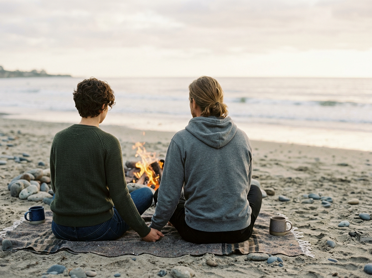 A couple sitting on a blanket on the beach, holding hands and facing a small campfire near the ocean.
