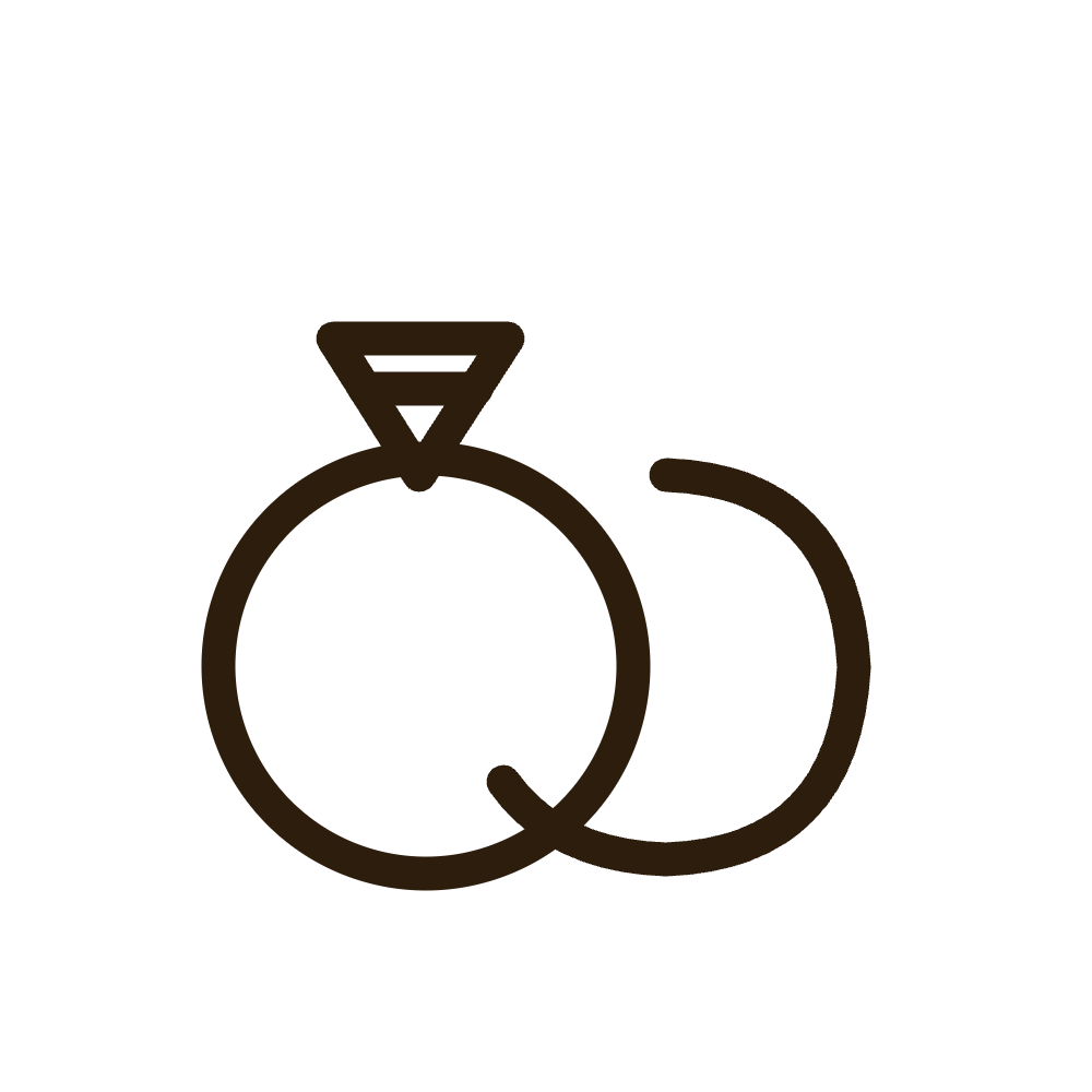 Minimal line drawing of two wedding rings, one with a diamond, on a black background.