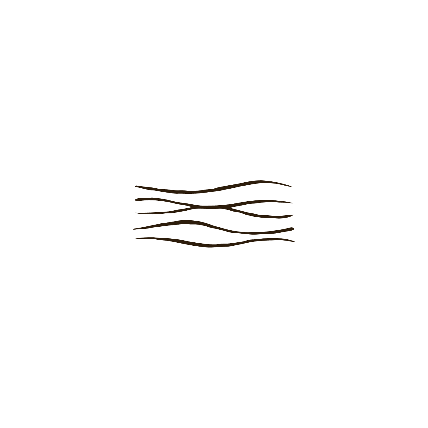 Black background with brown wavy lines indicating water beneath a mountain range and a yellowish sun setting behind the mountains.
