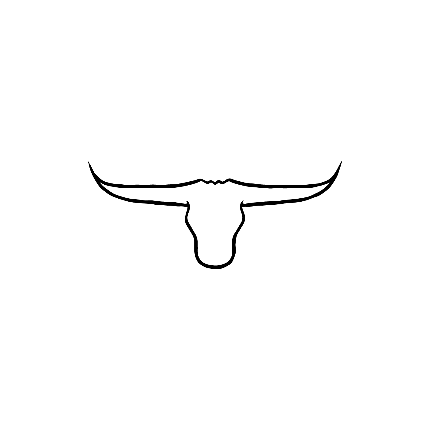 Black outline drawing of a longhorn steer skull with horns extending to the sides.