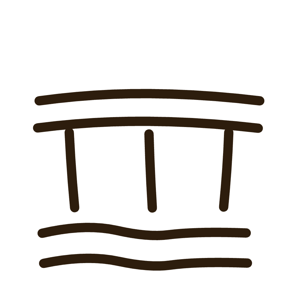 Outline drawing of a bridge over water.