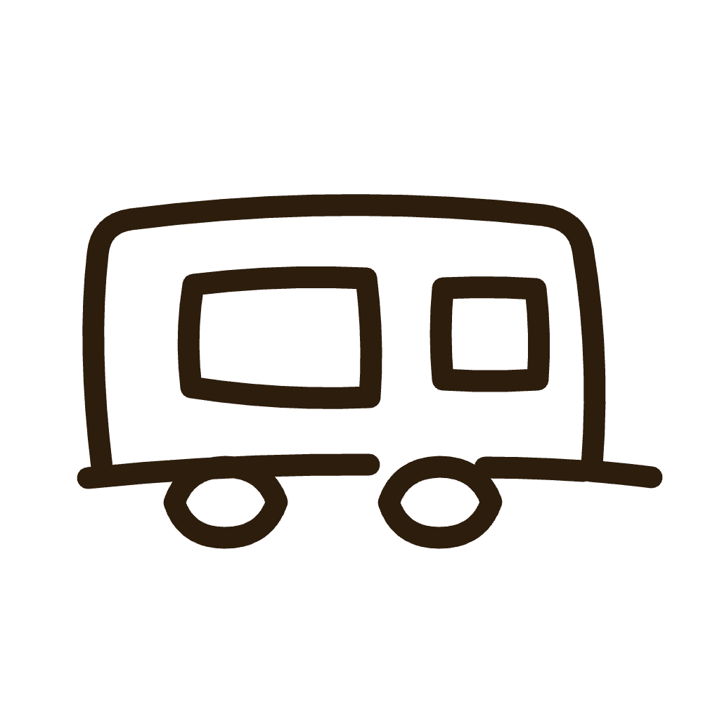 Simple brown line drawing of a camper trailer on a black background.