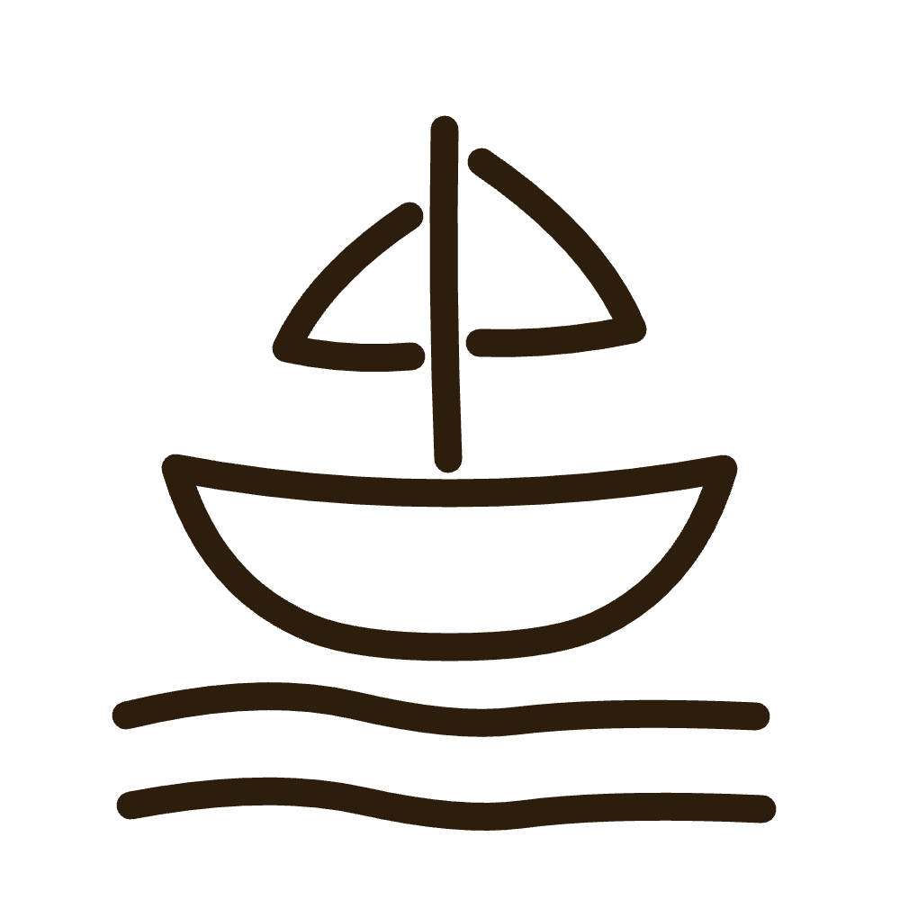 Line drawing of a sailboat with a sail, on water with three wavy lines.