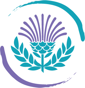 Stylized Scotish thistle  emblem, surrounded by curved lines