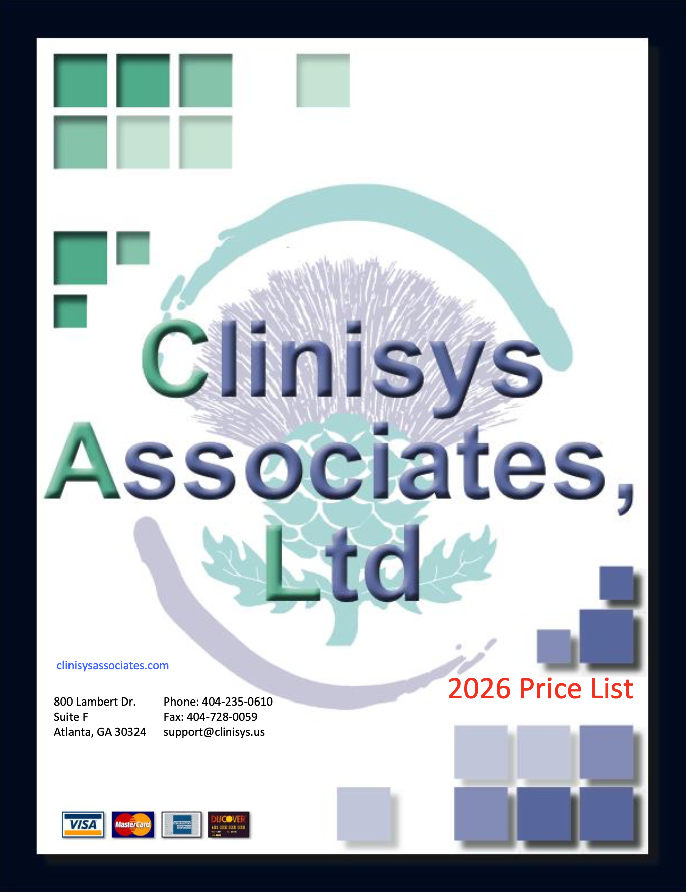 Clinicys Associates 2026 Price List cover page with blurred background, contact information, and payment method icons including Visa, MasterCard, Discover, and American Express.