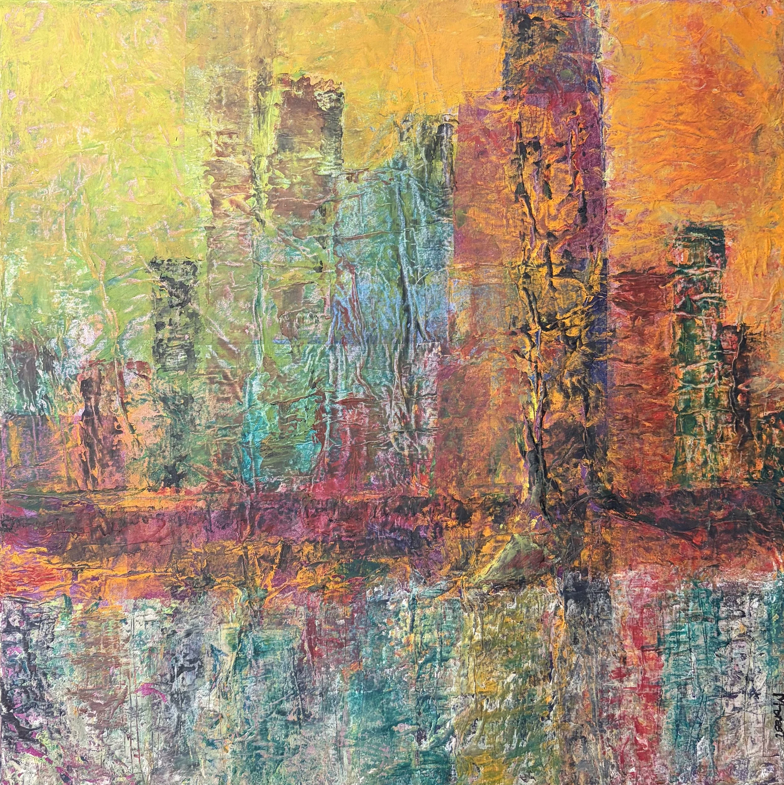 Acrylic and cold wax on textured canvas   16" x 16"
