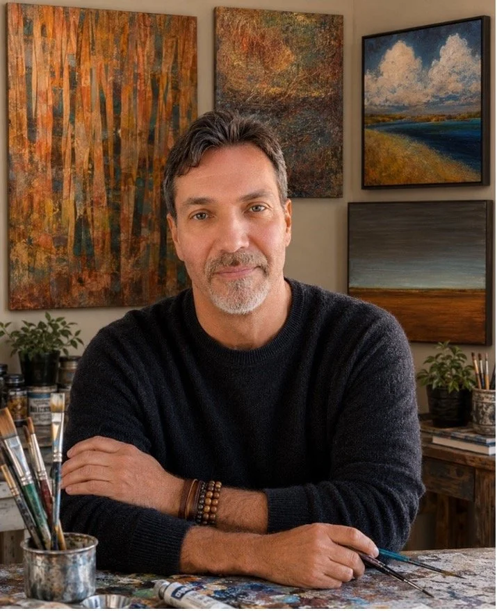 A man with gray hair and a beard sitting at a table in an art studio, with various colorful landscape paintings on the wall behind him, and art supplies on the table.