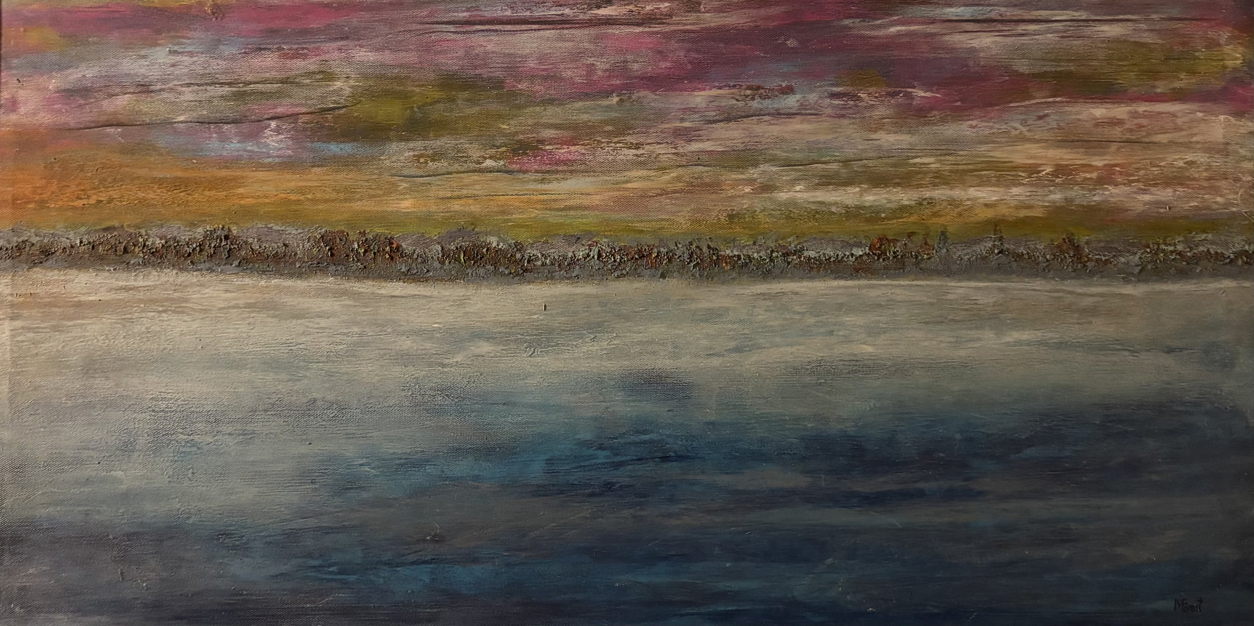 Acrylic, pastel and cold wax on canvas   14" x 28"