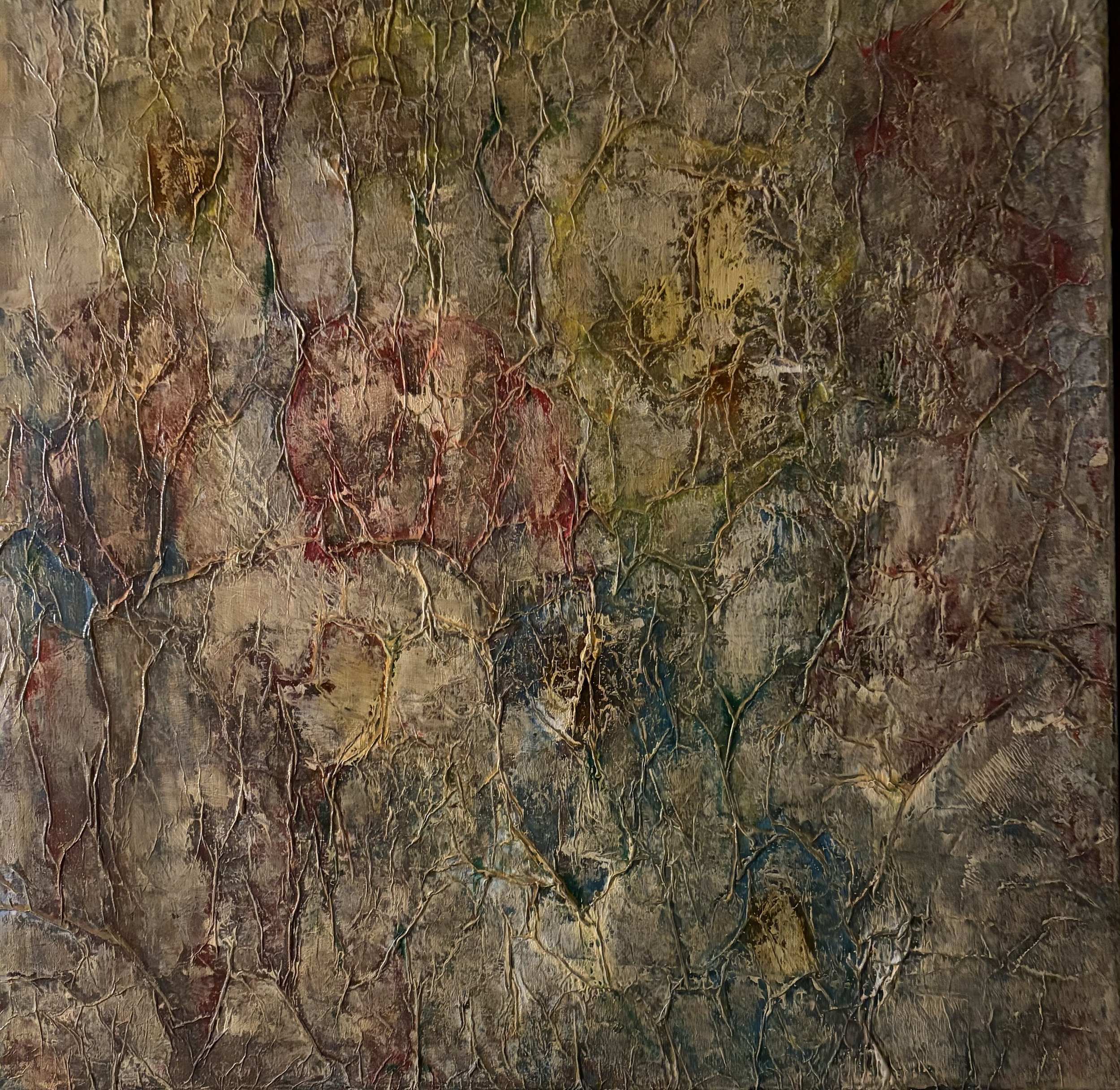 Acrylic, ink and pastel on textured canvas   20" x 20"
