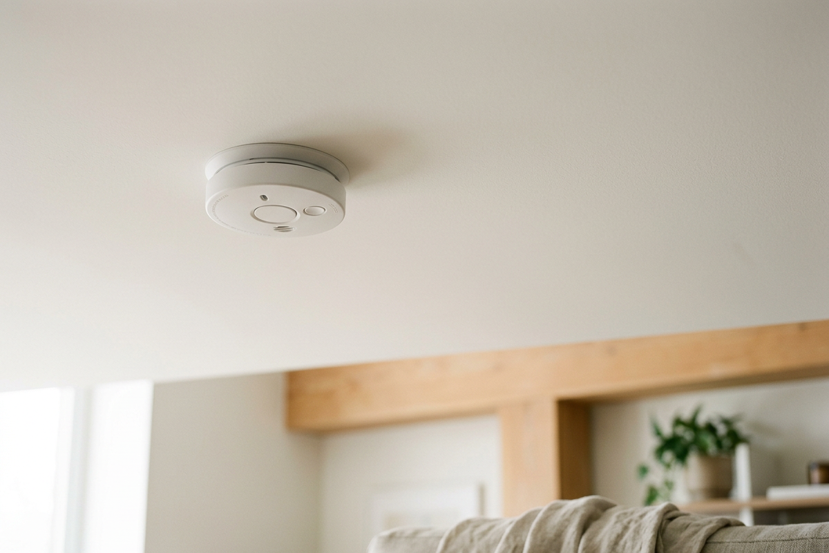 Smoke detector mounted on ceiling in a room with beige walls and wooden beams, with a portion of a couch and plant visible.
