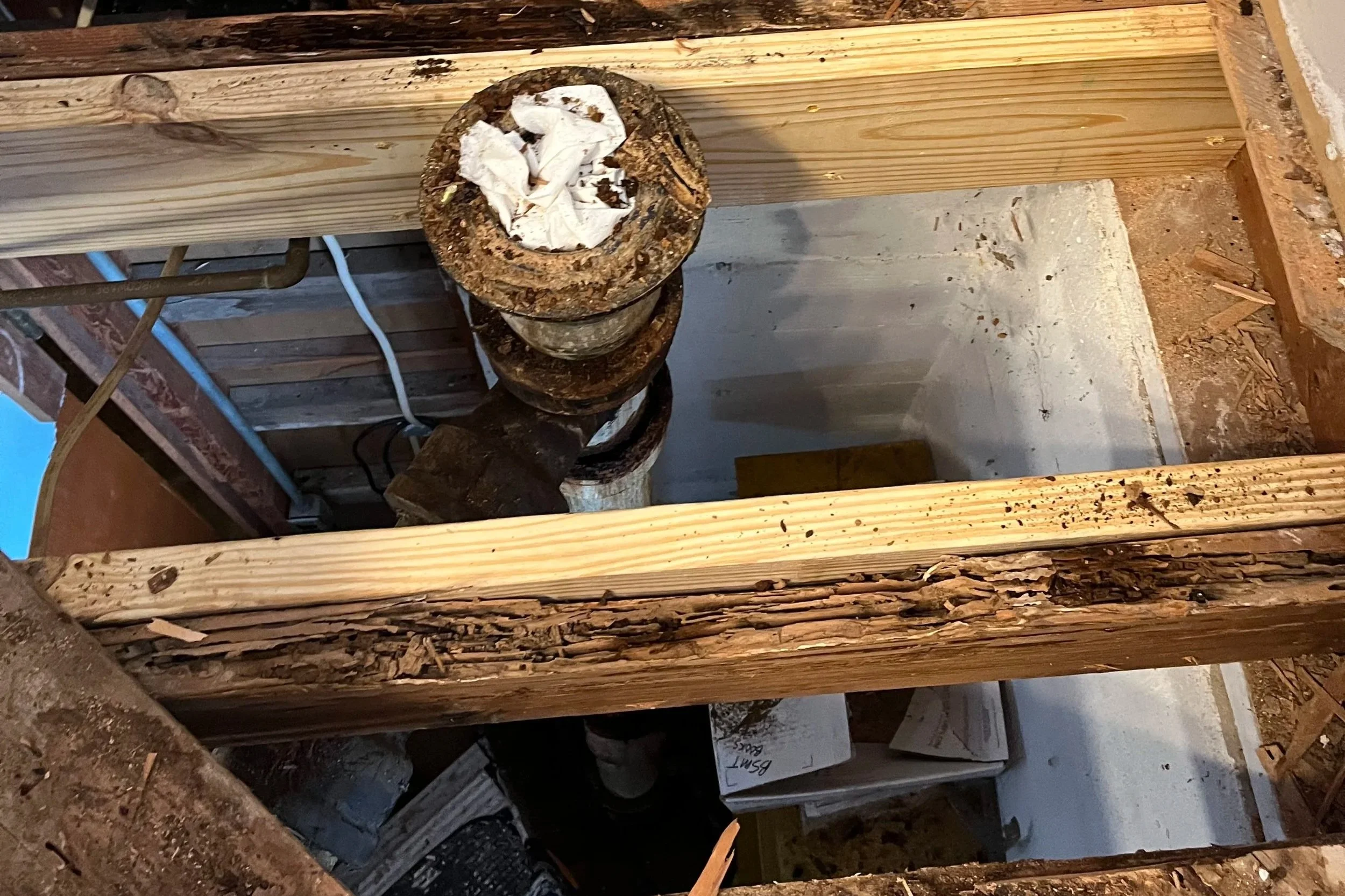 Construction site with wooden framing and a large log with white paper towels on top, electrical wiring visible.