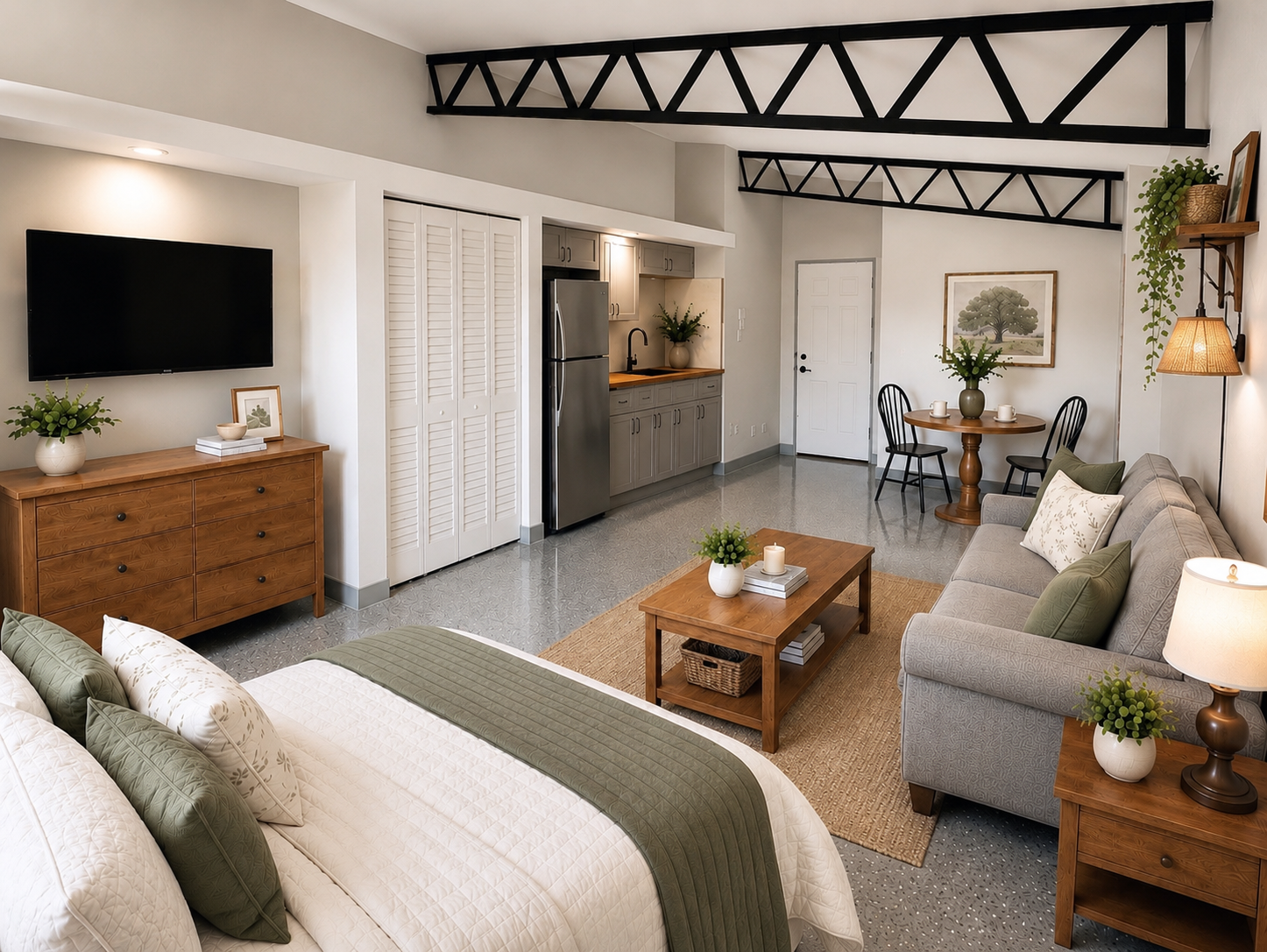 Cozy suite with a bed in the foreground, sofa, coffee table, mounted TV, dining table with two chairs, kitchen area with refrigerator, and decorative plants and art.
