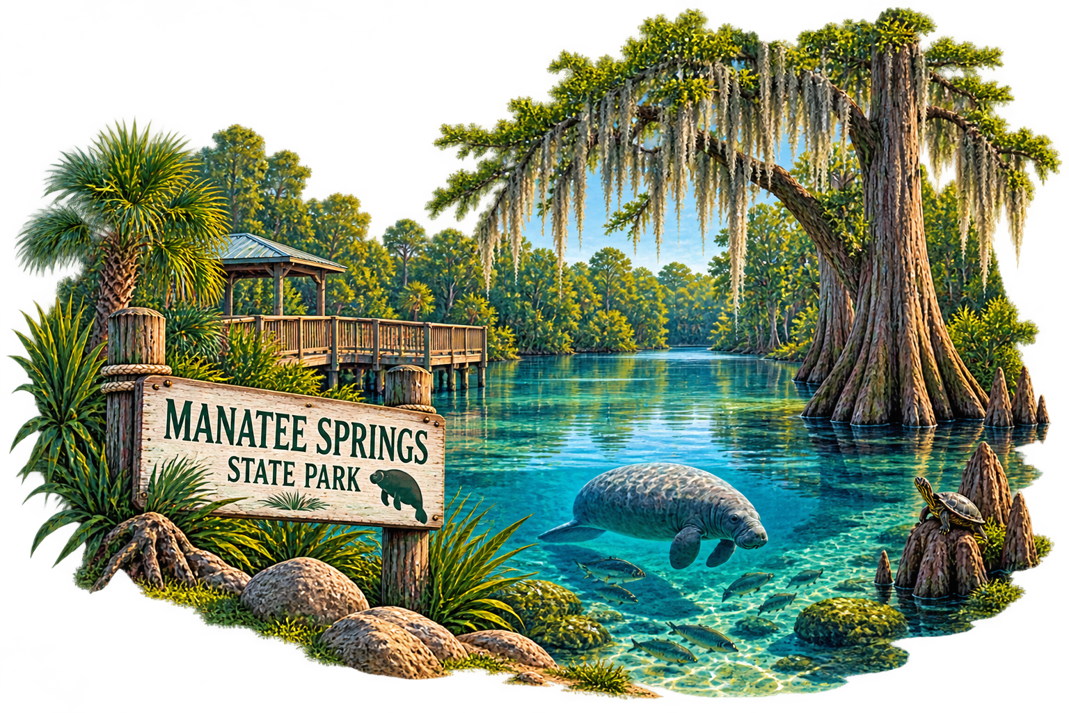 Illustration of Manatee Springs State Park with lush greenery, clear water, manatees, and a wooden observation deck.