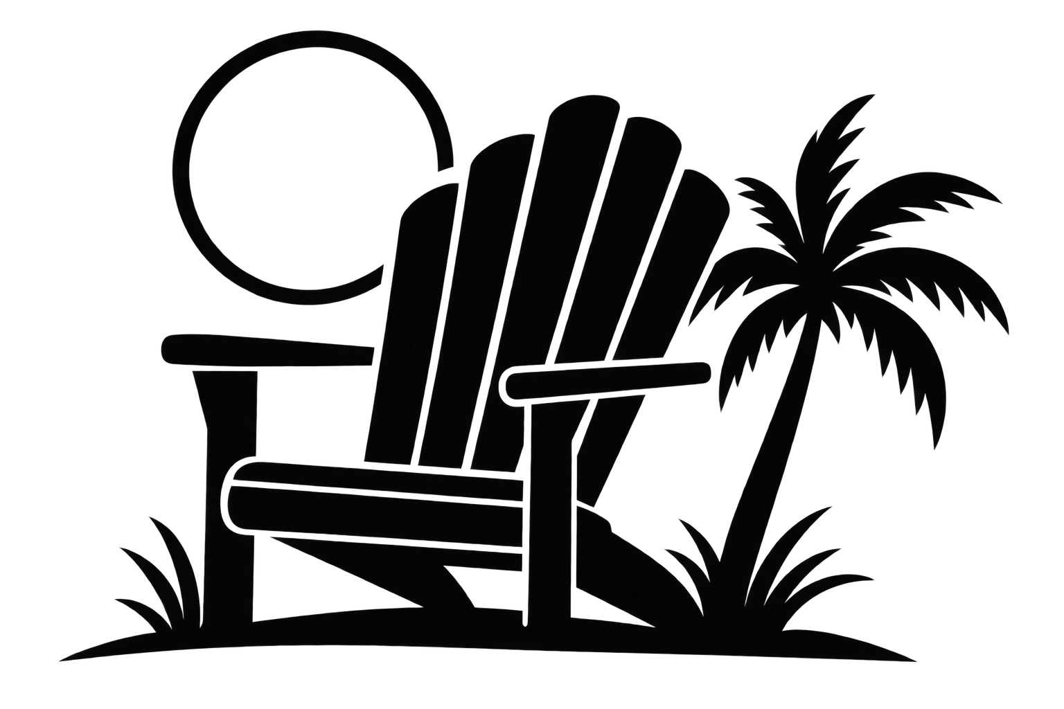 A wooden Adirondack chair with a round table, a sunhat hanging on the chair's back, a tropical palm tree, and lush greenery in the background, suggesting an outdoor setting.