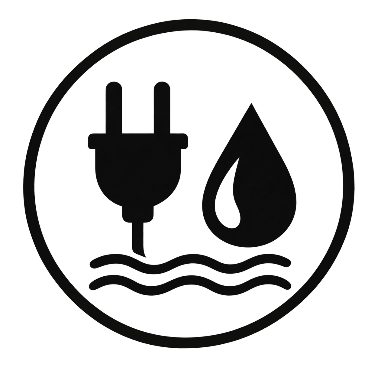 Icon indicating electrical power and water, with a plug and a water droplet inside a circle.