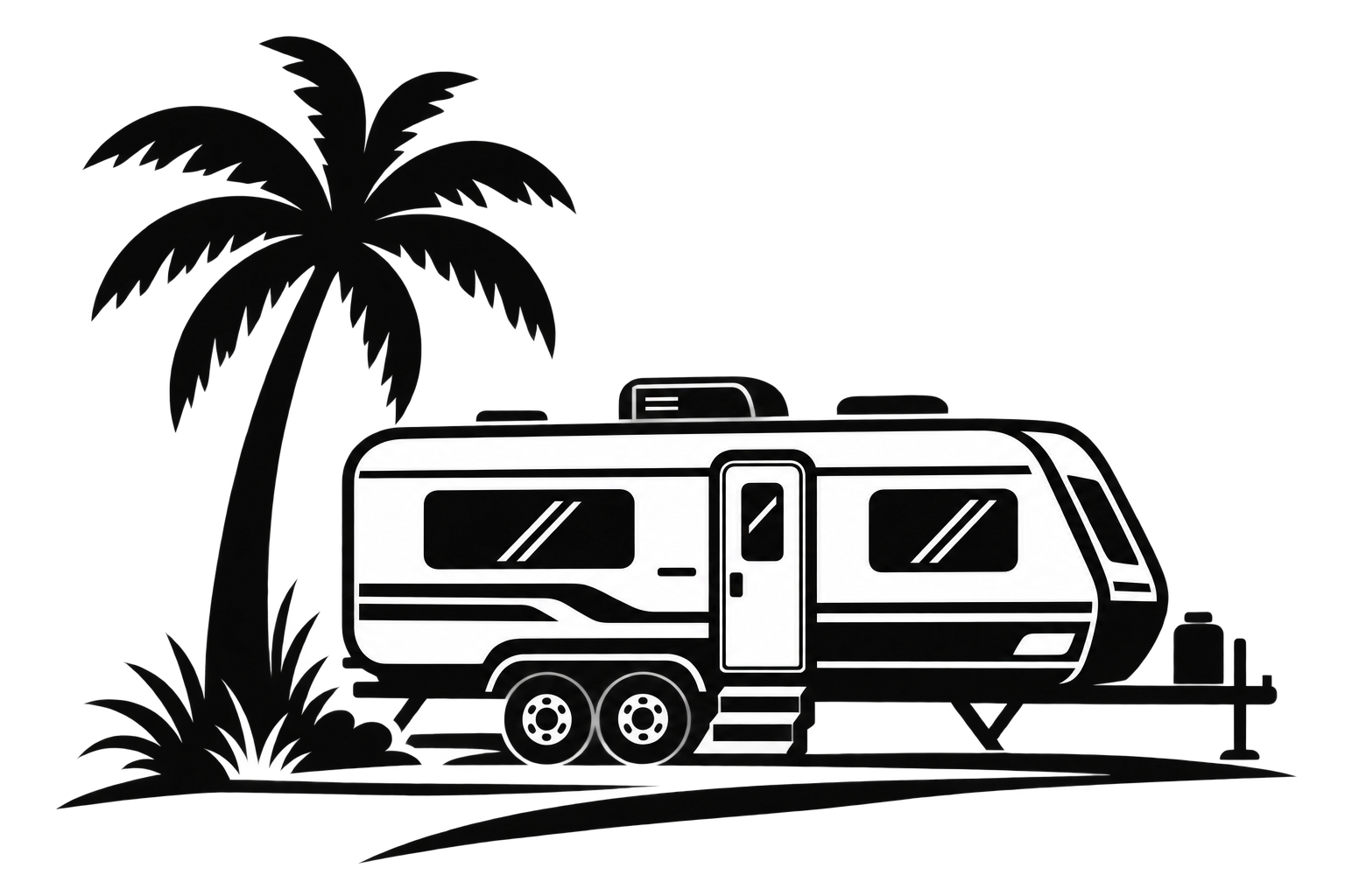A black background with a white line drawing of a travel trailer or RV with two axles, a door, windows, and steps in the foreground, and a palm tree silhouette on the left side.