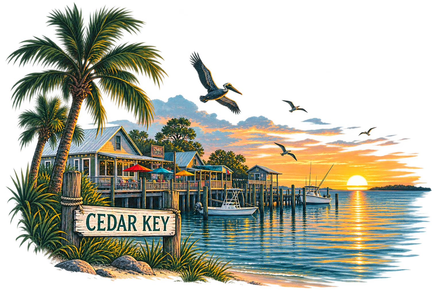 Sunset view of Cedar Key featuring a dock with boats, a restaurant with outdoor seating and umbrellas, palm trees, birds flying, and calm water reflecting the sunset.