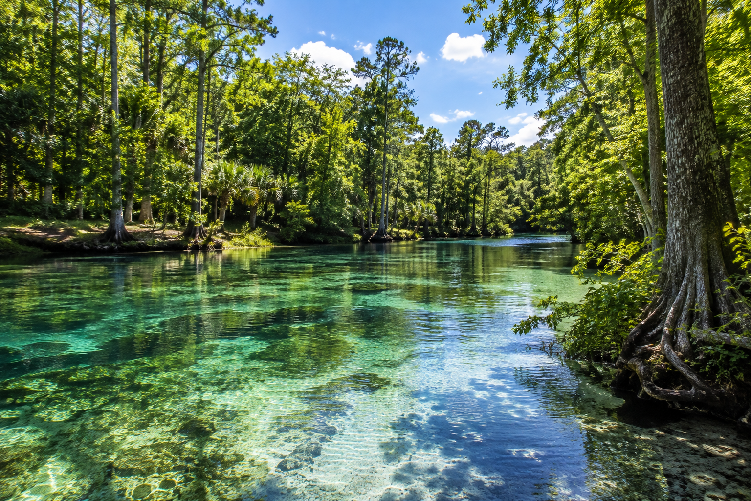 Clear, greenish water in a river flowing through a lush forest with tall trees and a blue sky overhead.