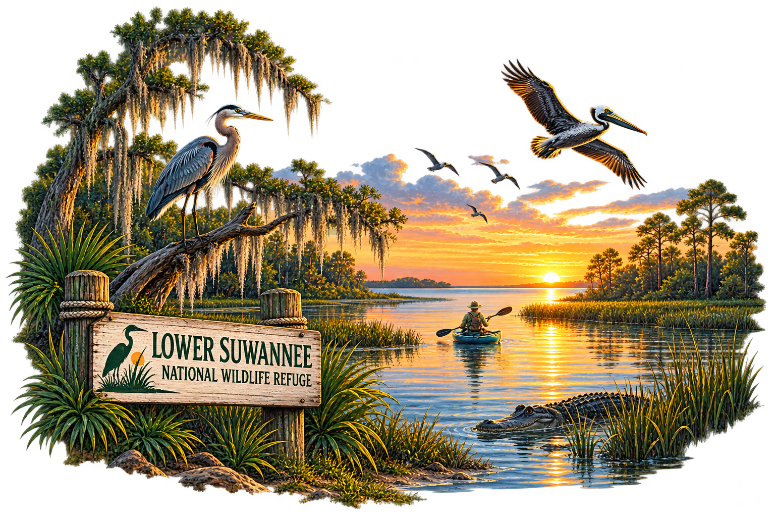 A colorful illustration of Lower Suwannee National Wildlife Refuge at sunset, showing a person kayaking on the water, various herons flying and perched, a crocodile in the water, lush trees, and a sign with the refuge's name.