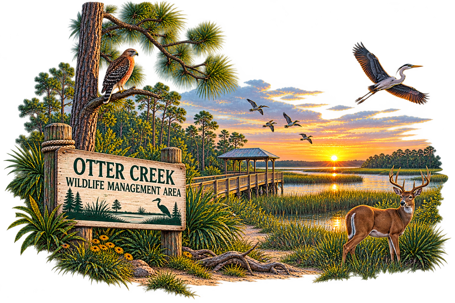 Sunset over Otter Creek Wildlife Management Area, featuring a wooden sign, a doe, birds flying, and a landscape with trees, water, and a pier.
