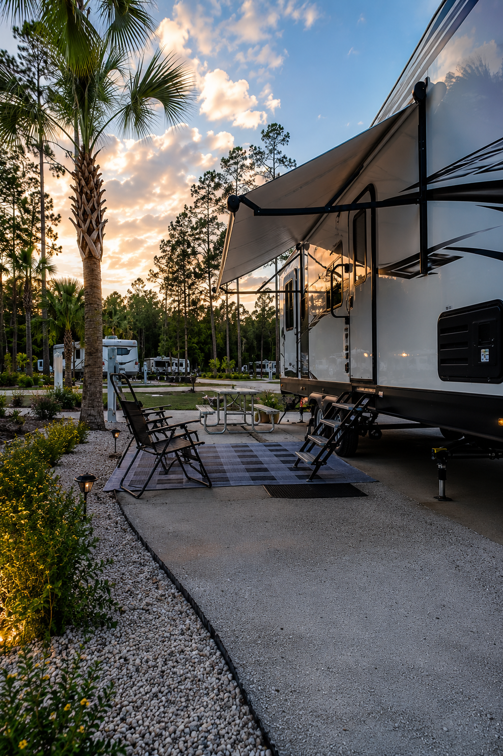 A modern RV trailer parked at a campsite during sunset, with outdoor chairs, a picnic table, and surrounding palm trees.