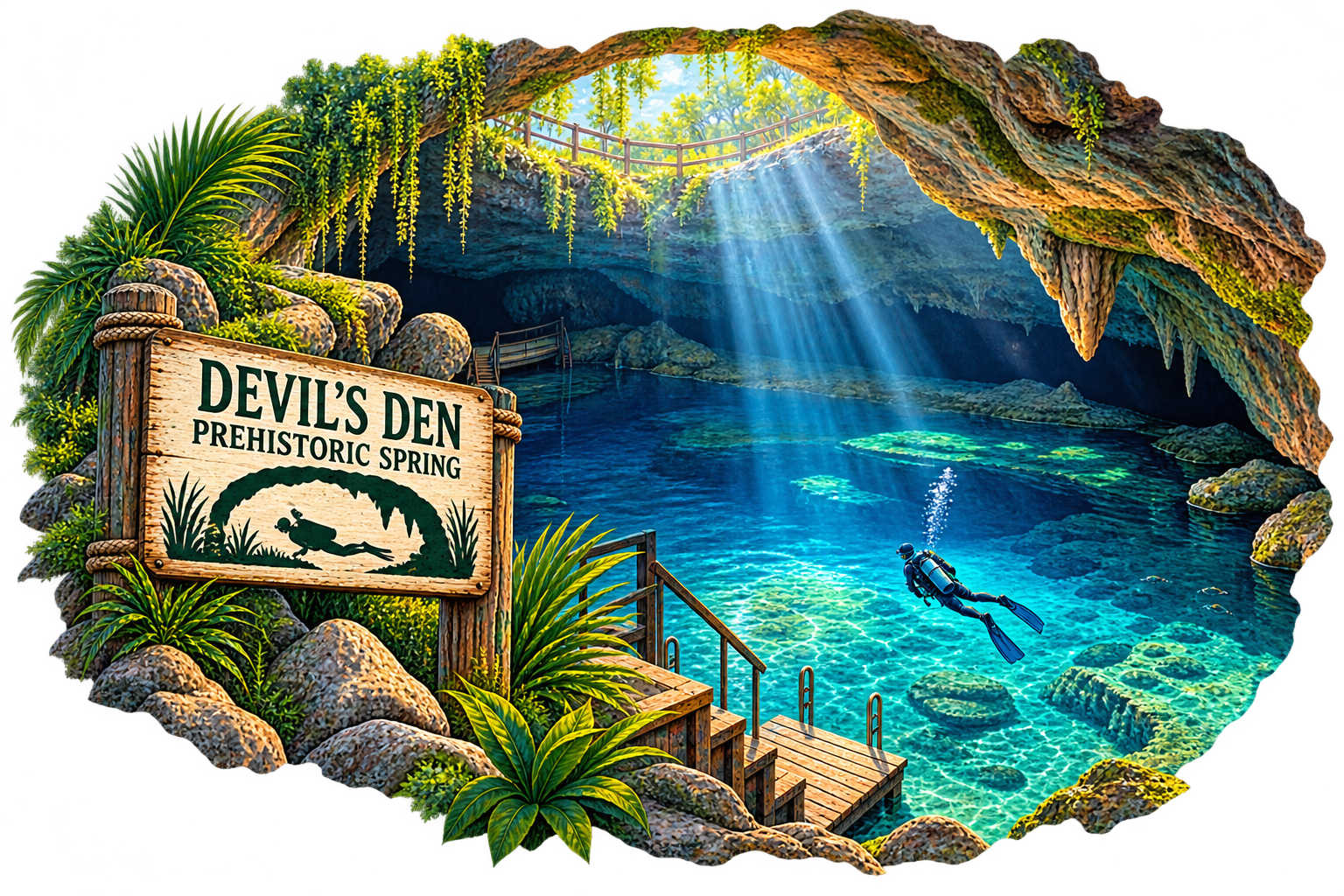 Illustration of Devil's Den Prehistoric Spring, a natural cave with sunlight streaming in, a diver swimming underwater, surrounded by rocks, lush vegetation, and a wooden sign.