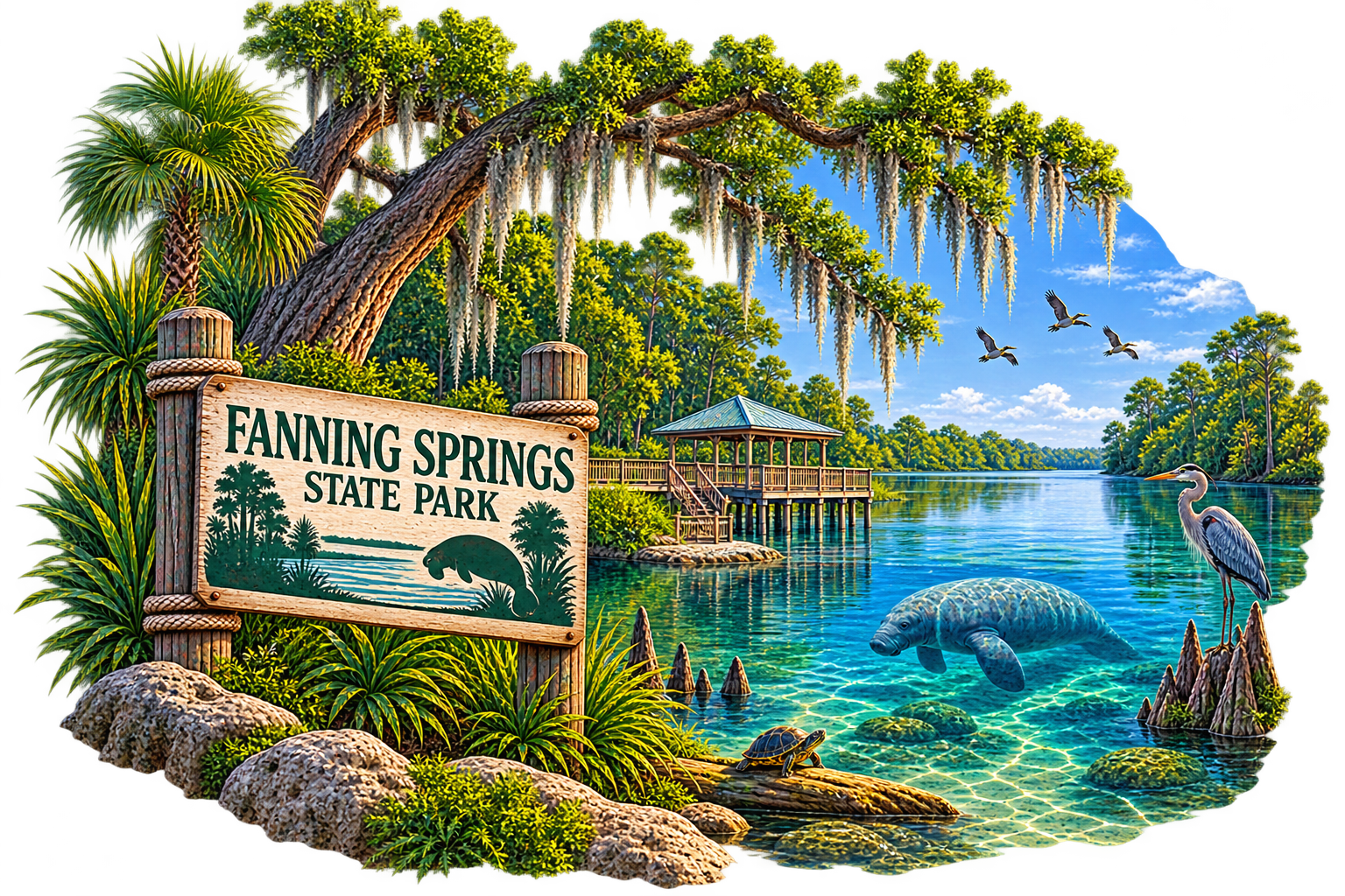 A colorful illustration of Fanning Springs State Park featuring a lake with a heron, a turtle, and a fish, surrounded by trees, a gazebo, and a sign.