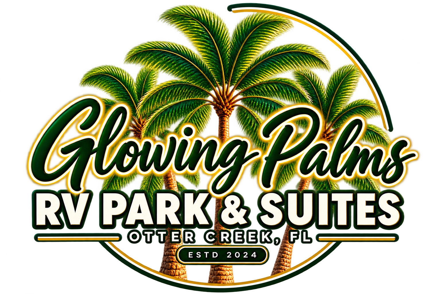 Sign for Glowing Palms RV Park & Suites in Otter Creek, Florida, featuring a neon-style design with palm trees and text indicating establishment date as 2024.