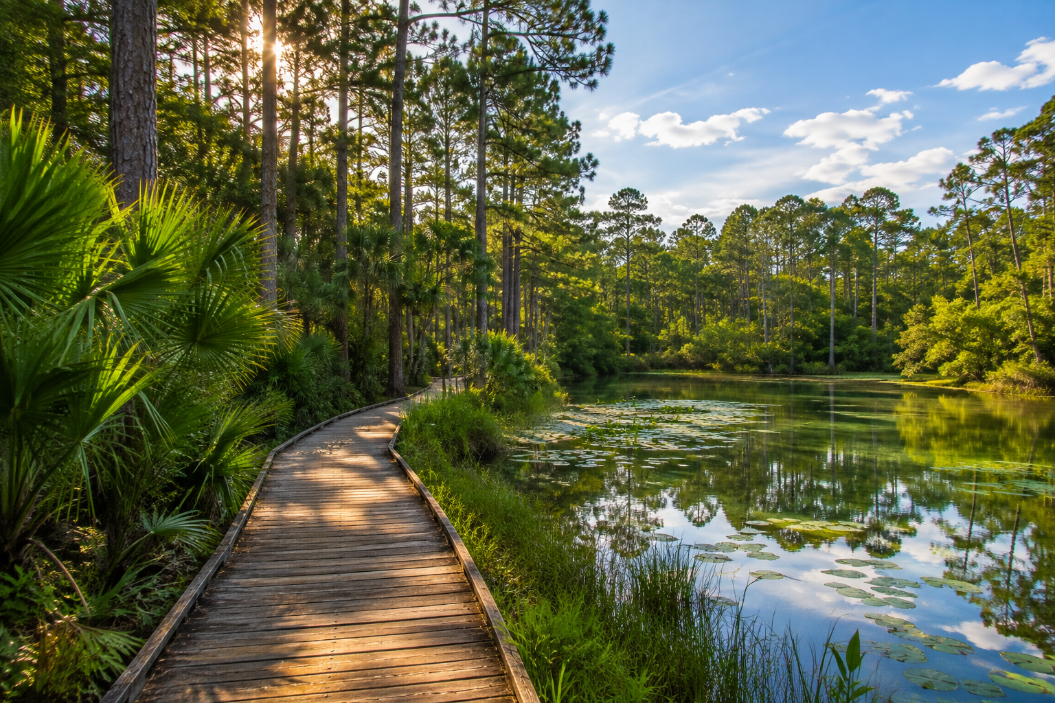A wooden boardwalk runs along the edge of a calm pond surrounded by lush greenery and tall pine trees on a sunny day with a blue sky.