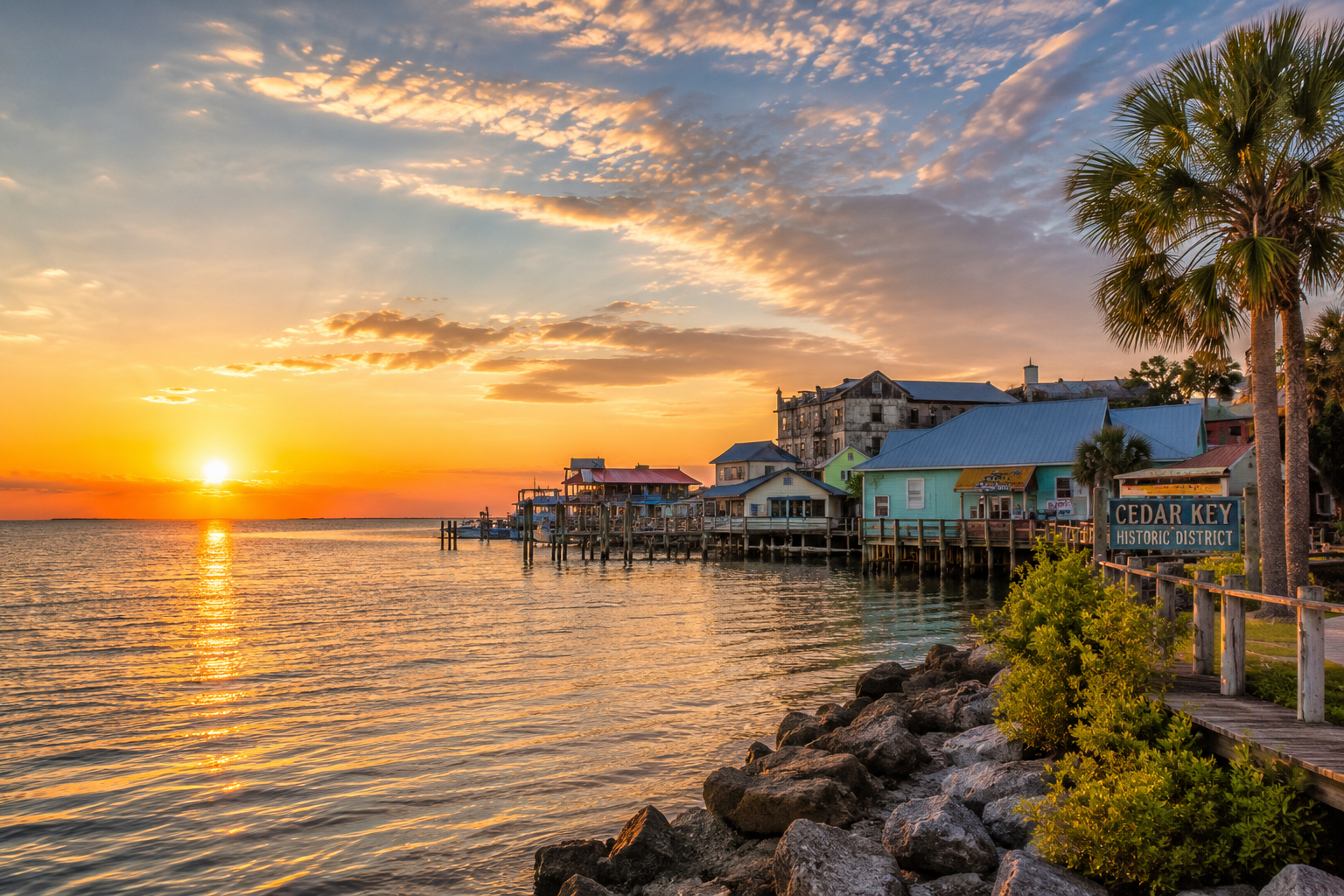 Sunset over calm waters with colorful buildings and palm trees along the shoreline, sign reading 'Cedar Key Historic District' visible in the scene.