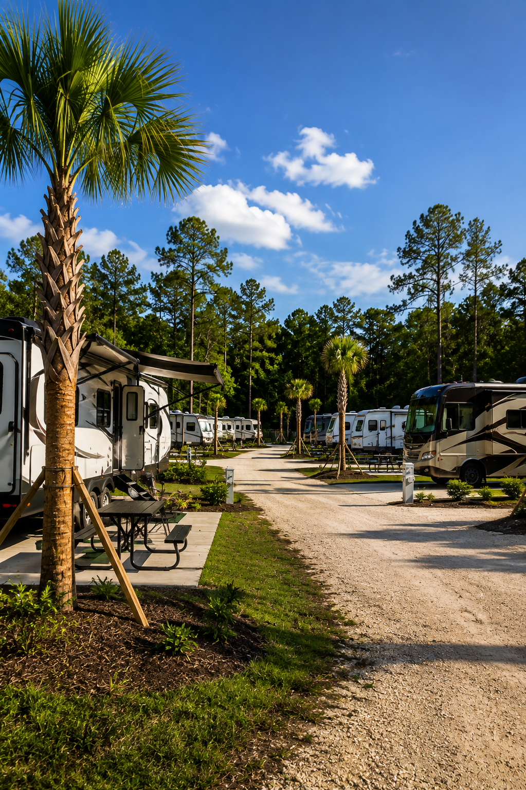 A sunny RV park with several white and beige RVs parked along a gravel road, surrounded by green palm and pine trees, under a bright blue sky with scattered white clouds.