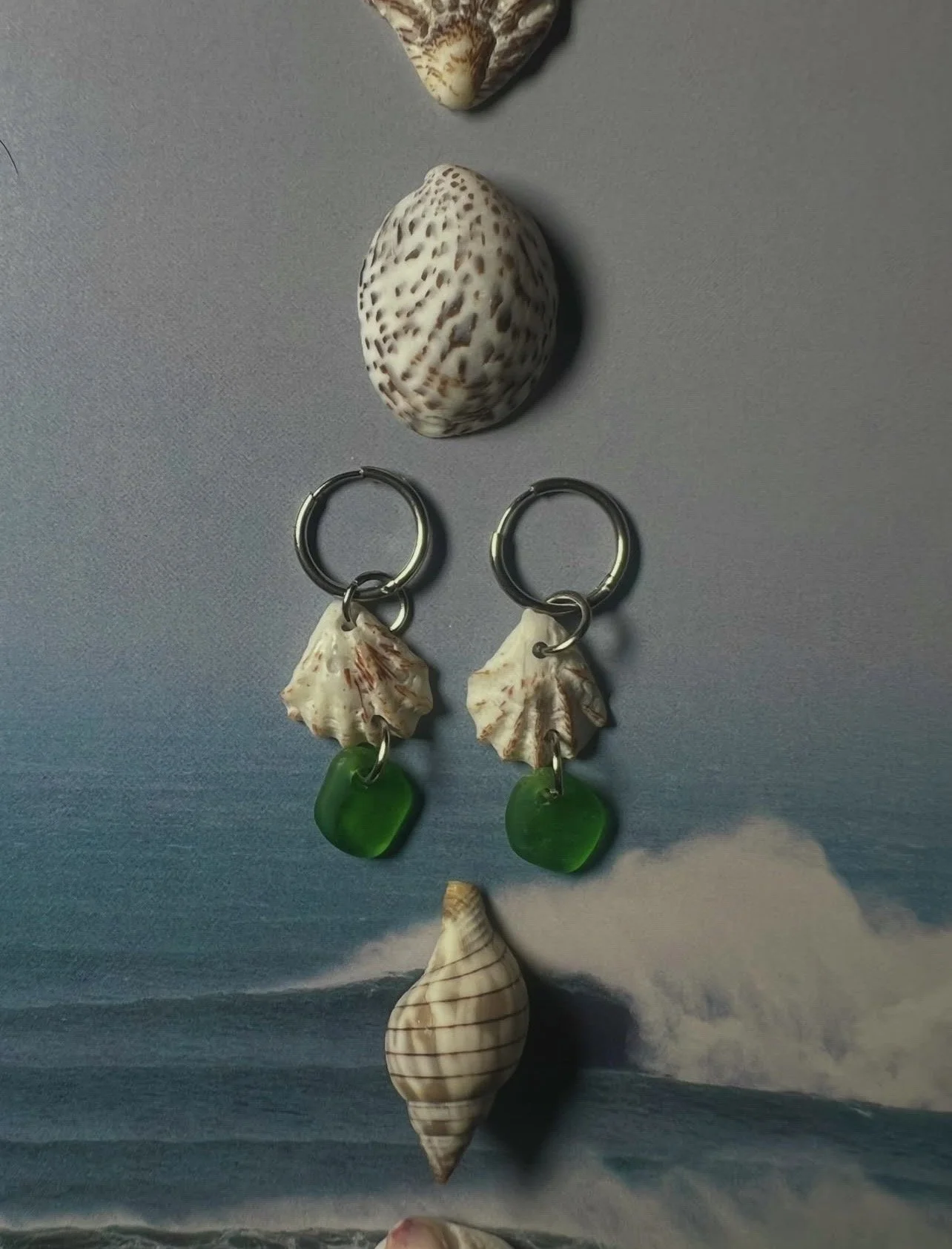 A collection of seashells and shell-inspired jewelry. There is a large patterned shell at the top, a smaller patterned shell below it, and two shell-shaped pendants with green glass drops attached, all displayed on a blue surface.