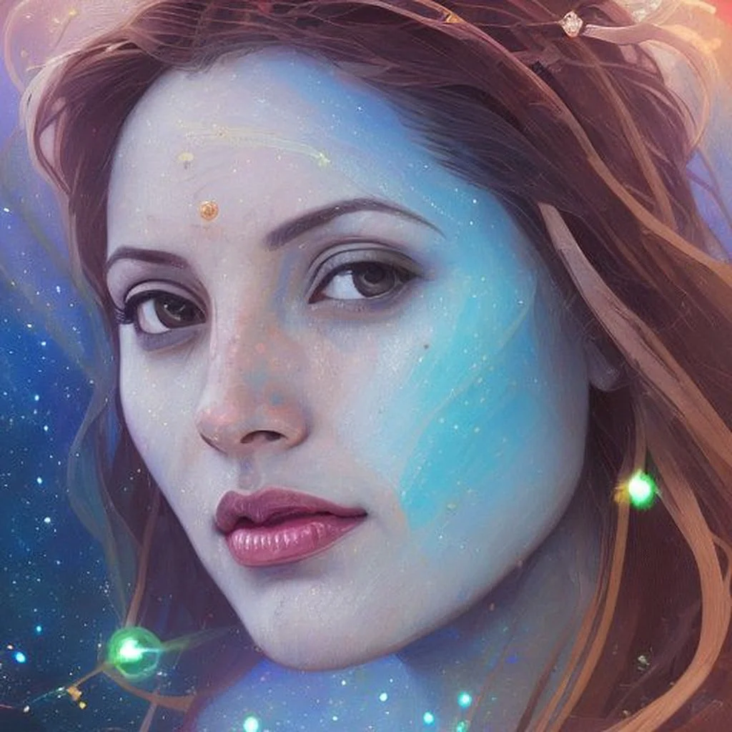 A digitally rendered portrait of a woman with long reddish-brown hair, glowing blue and pink face makeup, and a background resembling a starry galaxy. Green glowing orbs are near her face.
