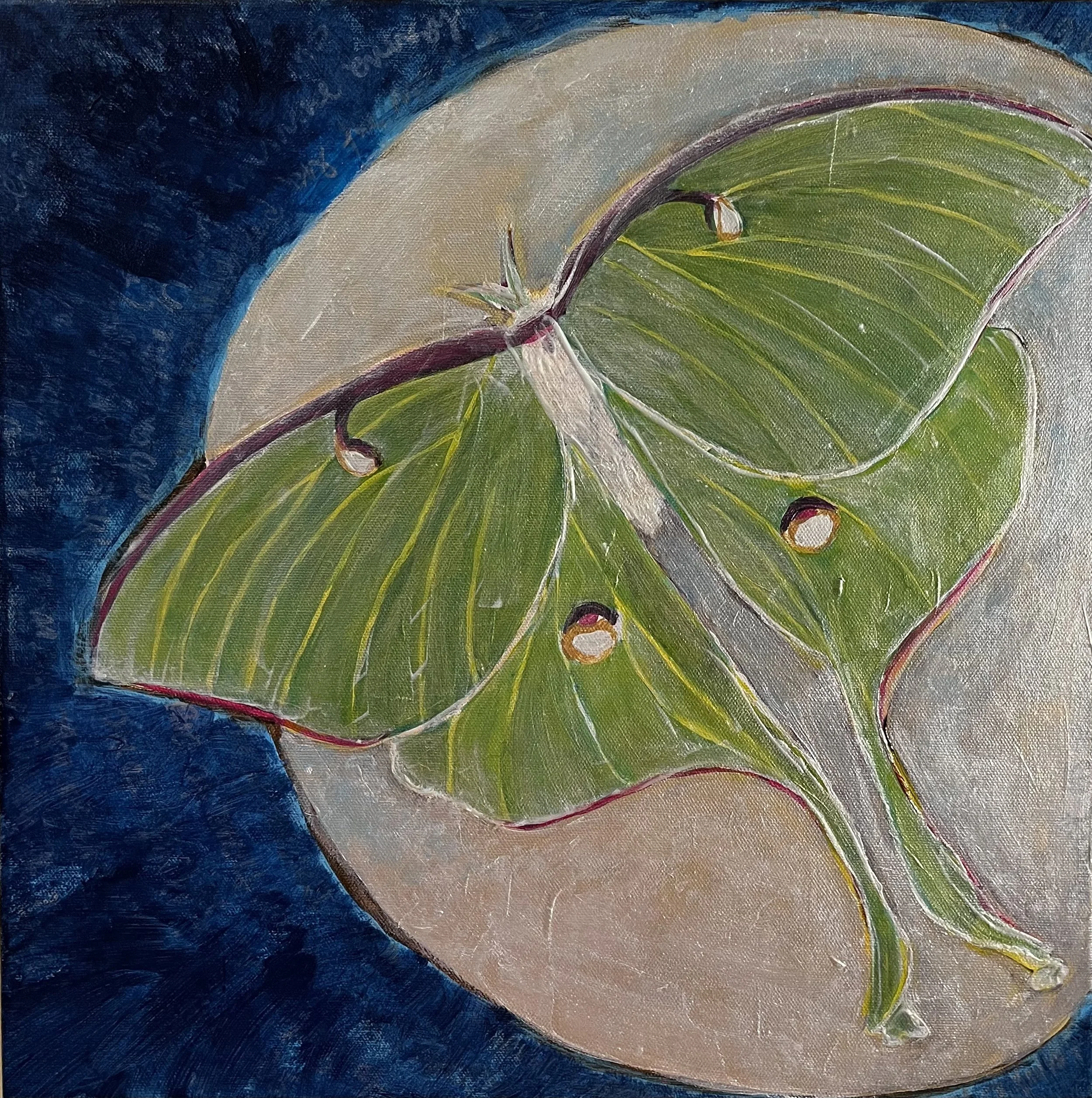 Close-up of a painting of a green Luna moth against a dark blue background.