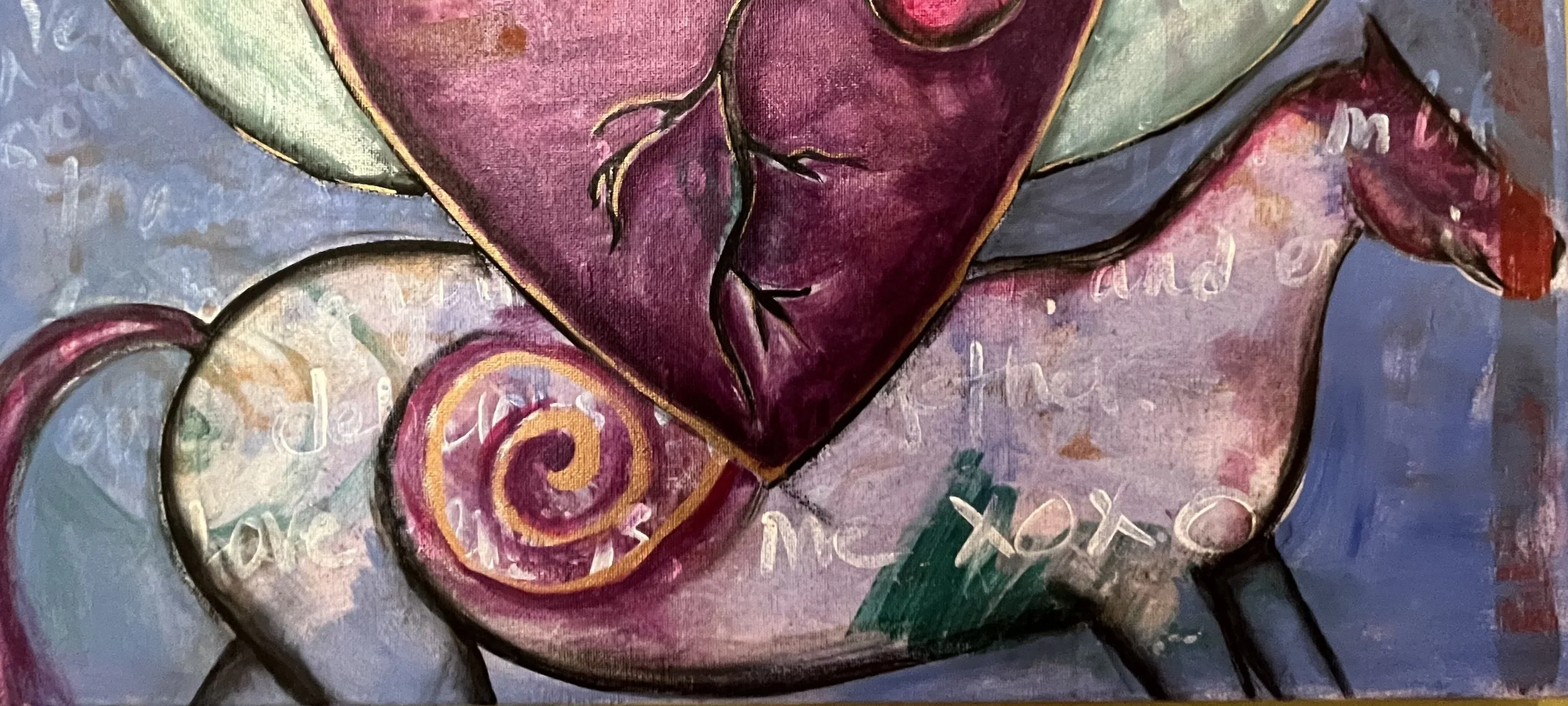 Close-up of an abstract painting featuring a horse, swirling patterns, and handwritten words.