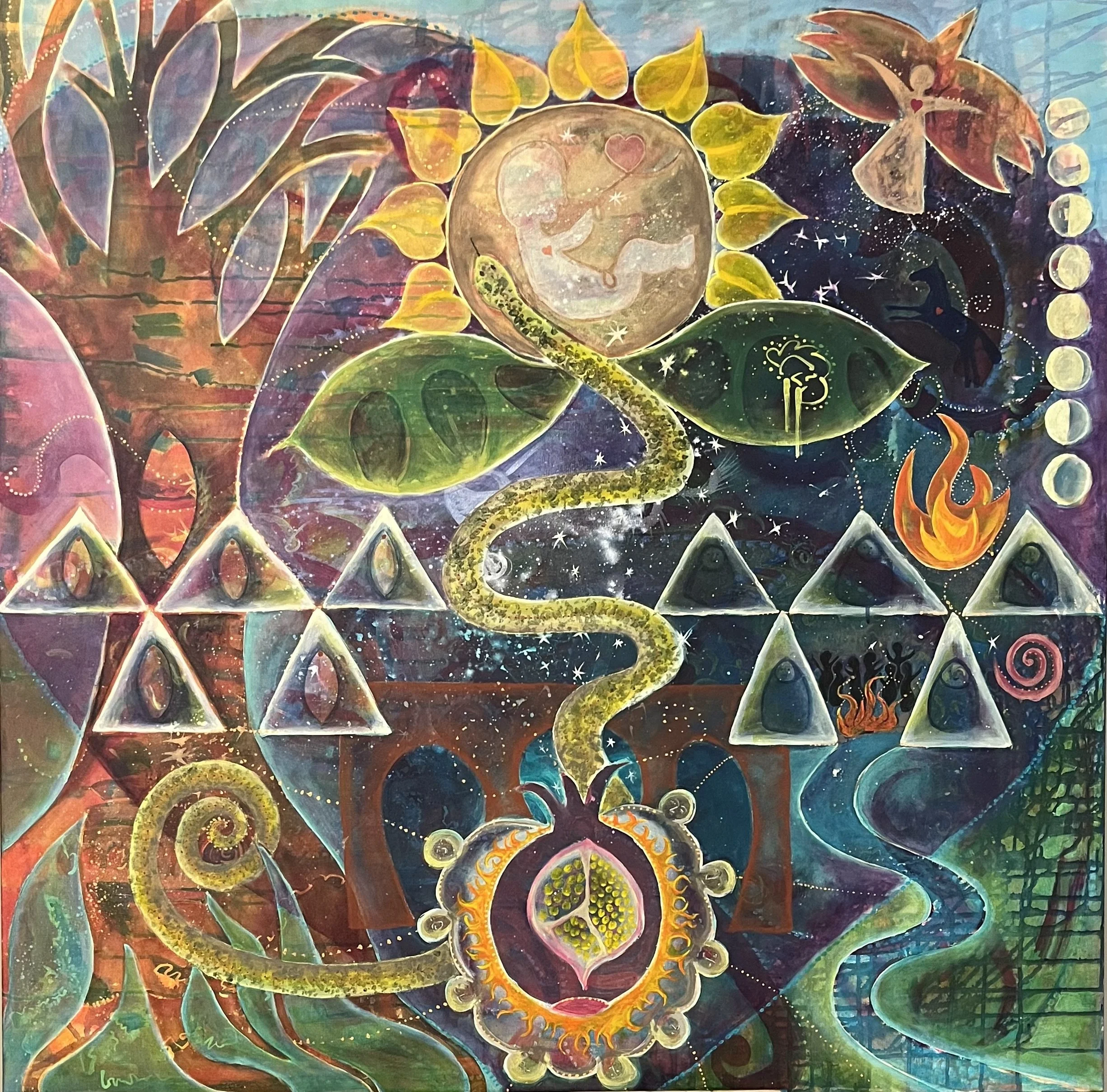 Colorful abstract painting featuring leaves, a snake, butterflies, and cosmic elements like stars, with vibrant colors and intricate details.