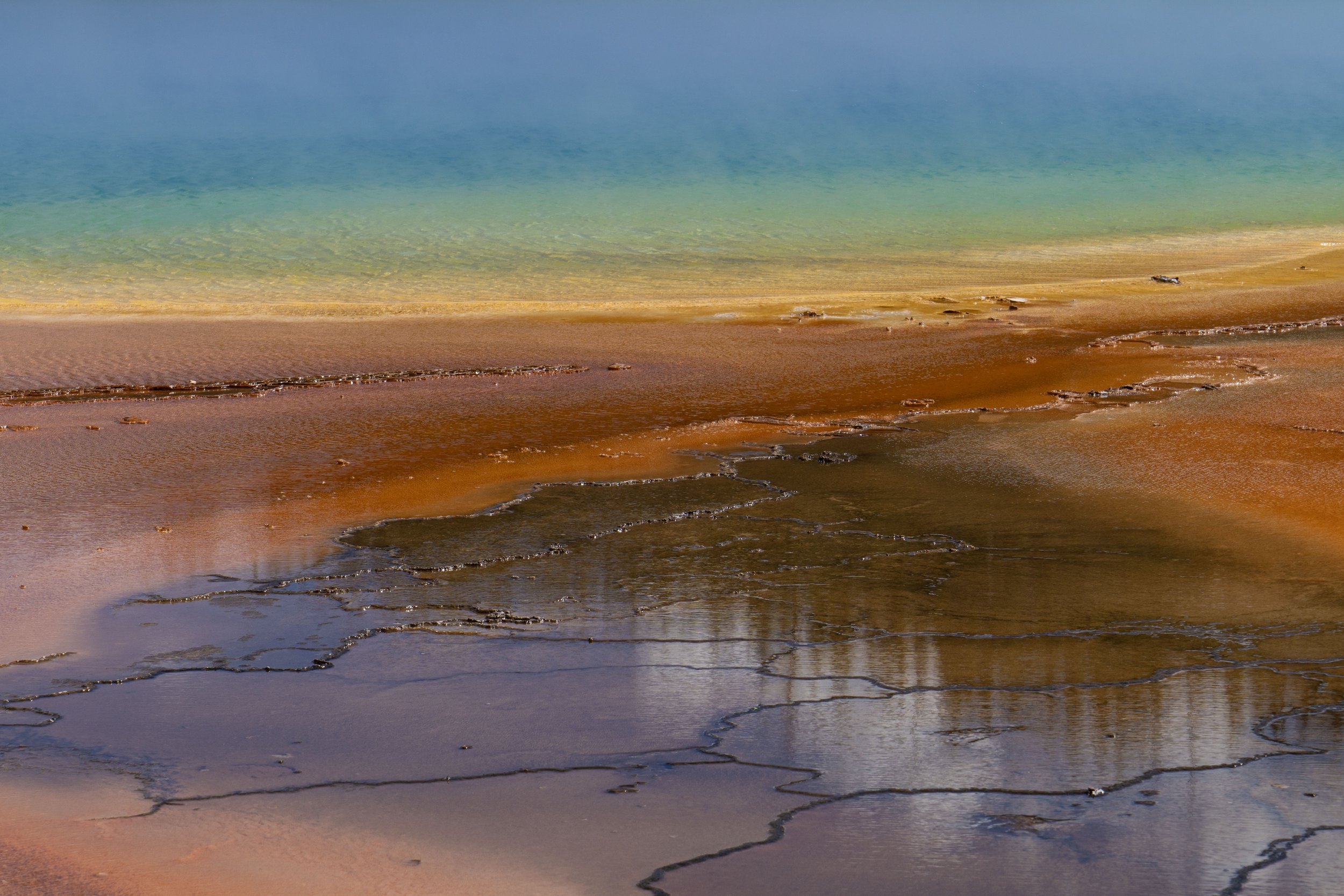Colorful shoreline with wet sand, shallow water, and cracks in the sand, with a gradient sky or water in the background.