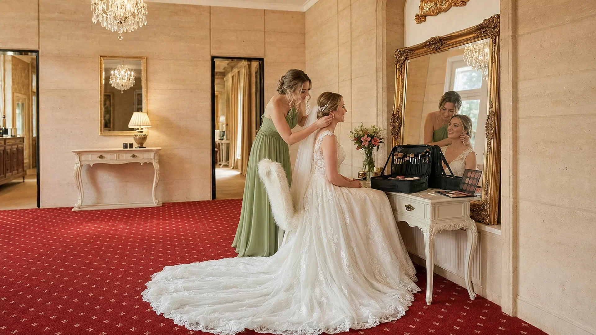 A bride sitting in a gown getting her makeup done by a woman in a green dress in front of a large ornate mirror in a luxurious room with gold accents, a red carpet, and elegant furnishings.