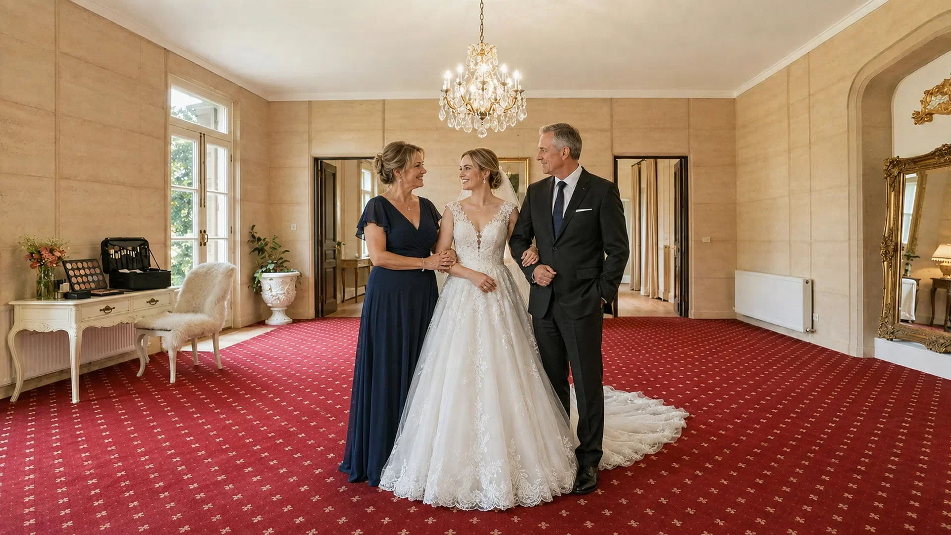 A bride in a white lace wedding gown with long train, standing between her mother in a navy blue dress and her father in a black suit, inside an elegant room with red carpet, chandelier, and gold-framed mirror.