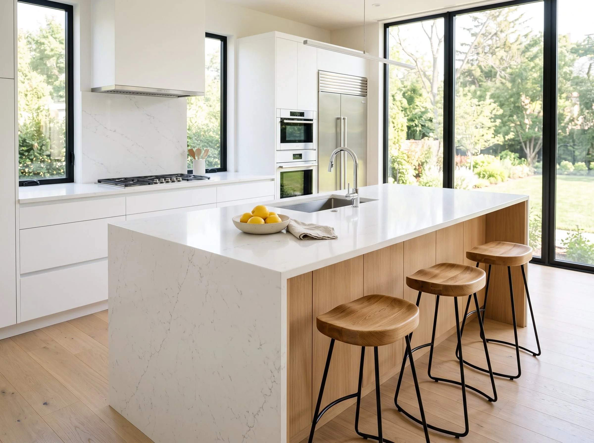 Modern kitchen with white countertops, wooden island with stools, built-in oven, microwave, refrigerator, large windows showing greenery.