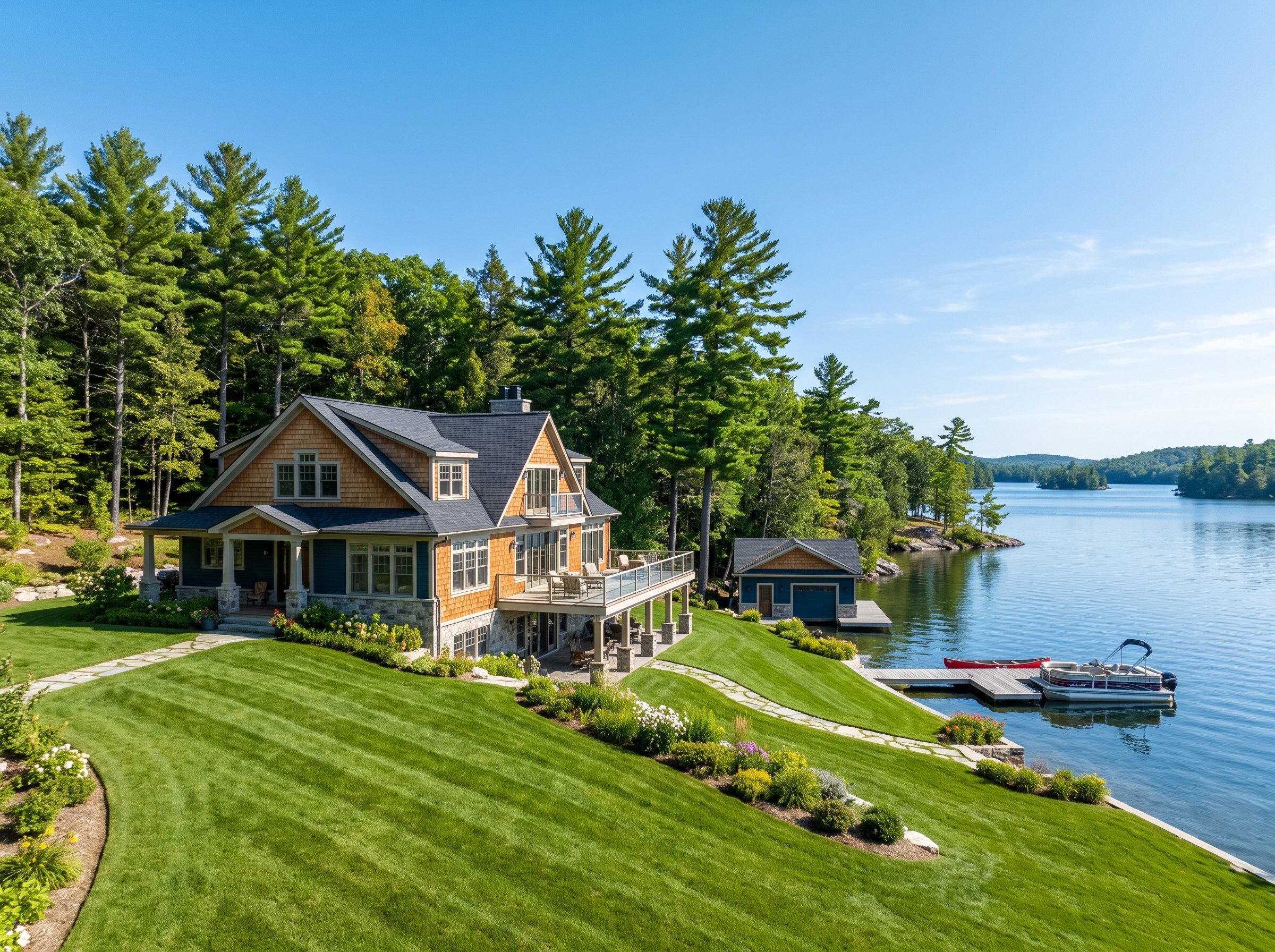 A house by a lake with a dock, covered boat, and a landscaped lawn surrounded by tall trees under a clear blue sky.