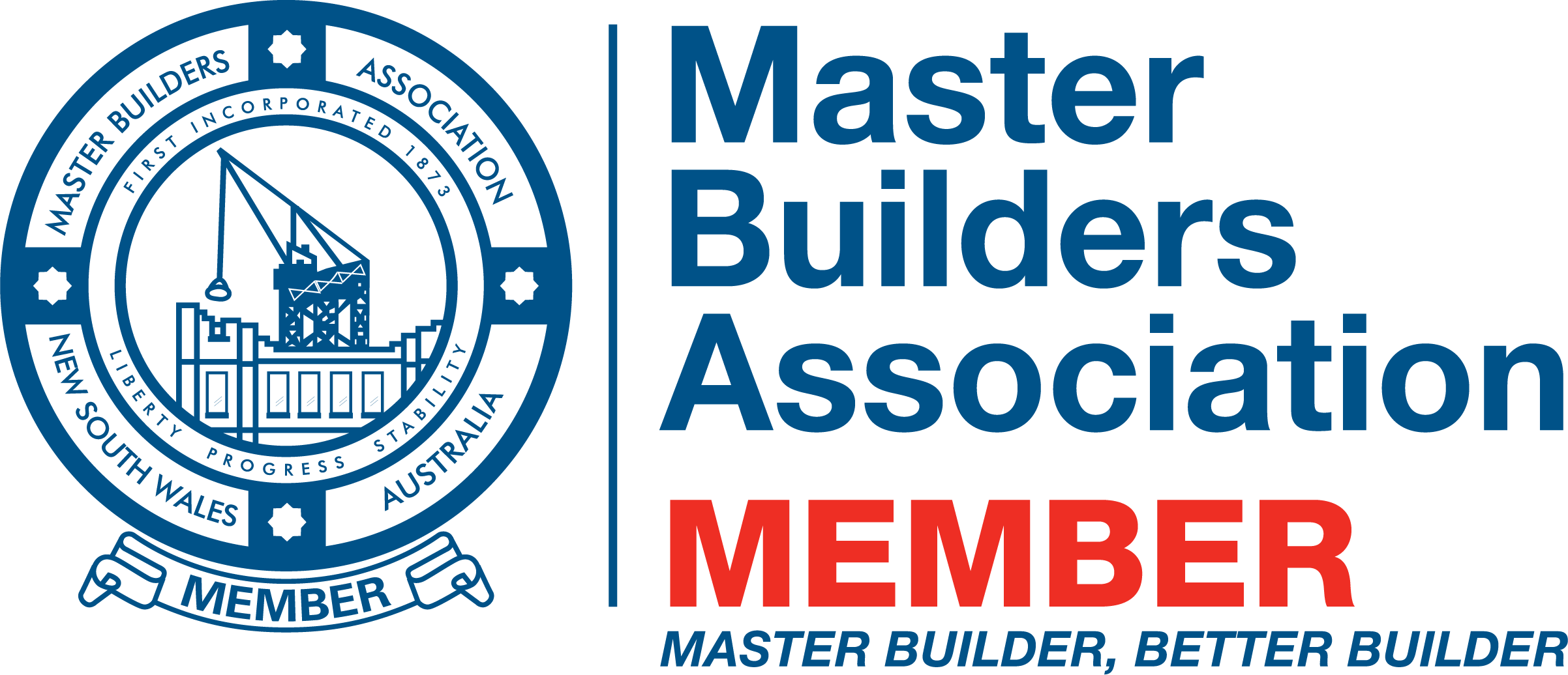 Master Builders Association member badge with a blue circular logo featuring construction imagery, and text indicating membership and affiliation.