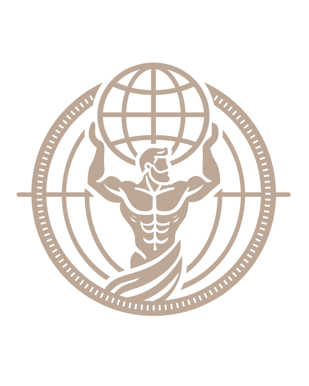 A muscular man with a beard holding up a globe, with crosshairs and circular target markings around him, symbolizing global strength and fitness.