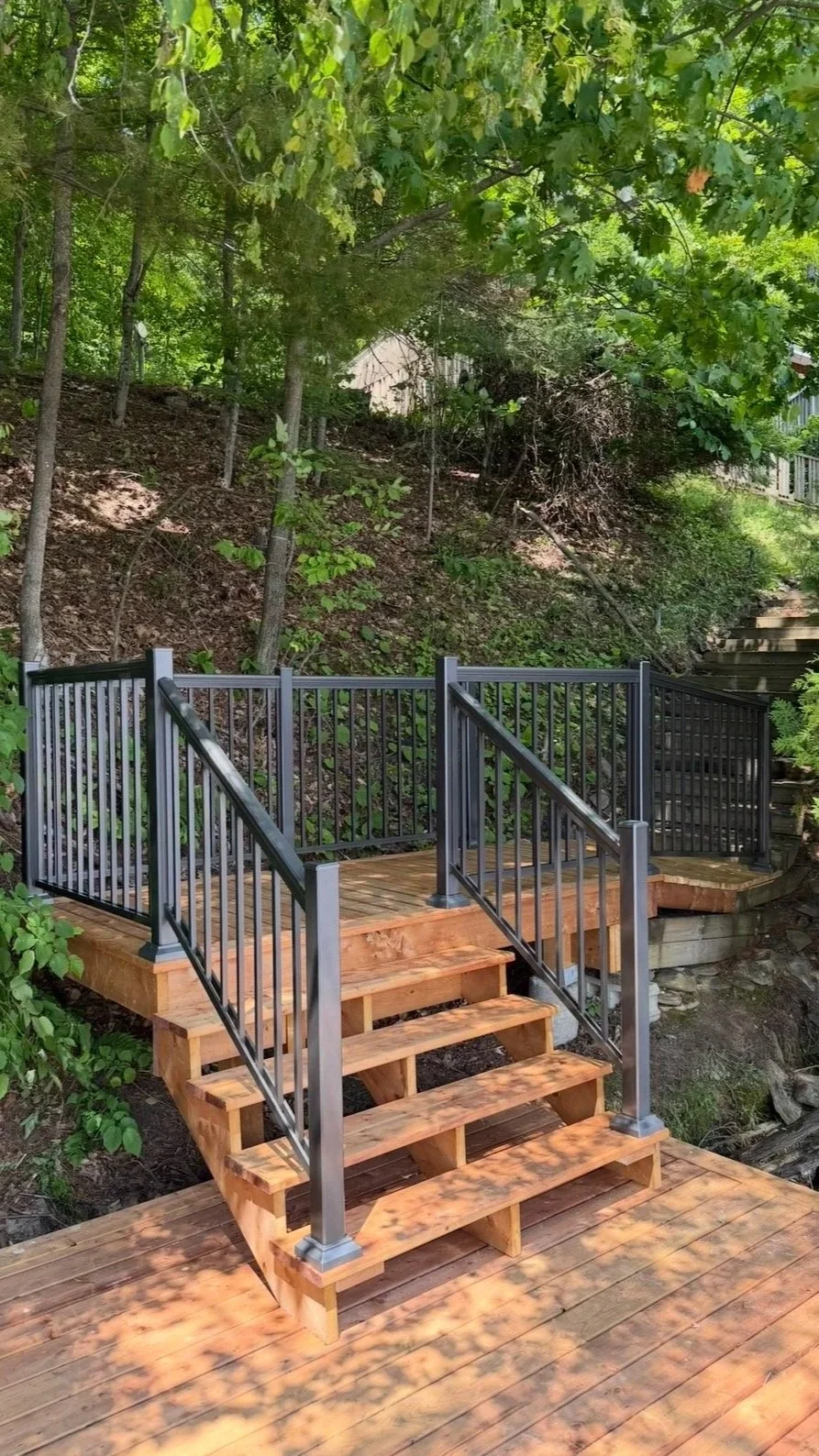 Newly built wooden deck with stairs and black metal railing surrounded by trees and vegetation.