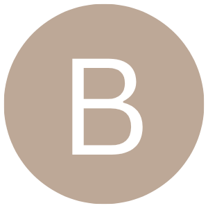 A beige circle with a large white letter B in the center.