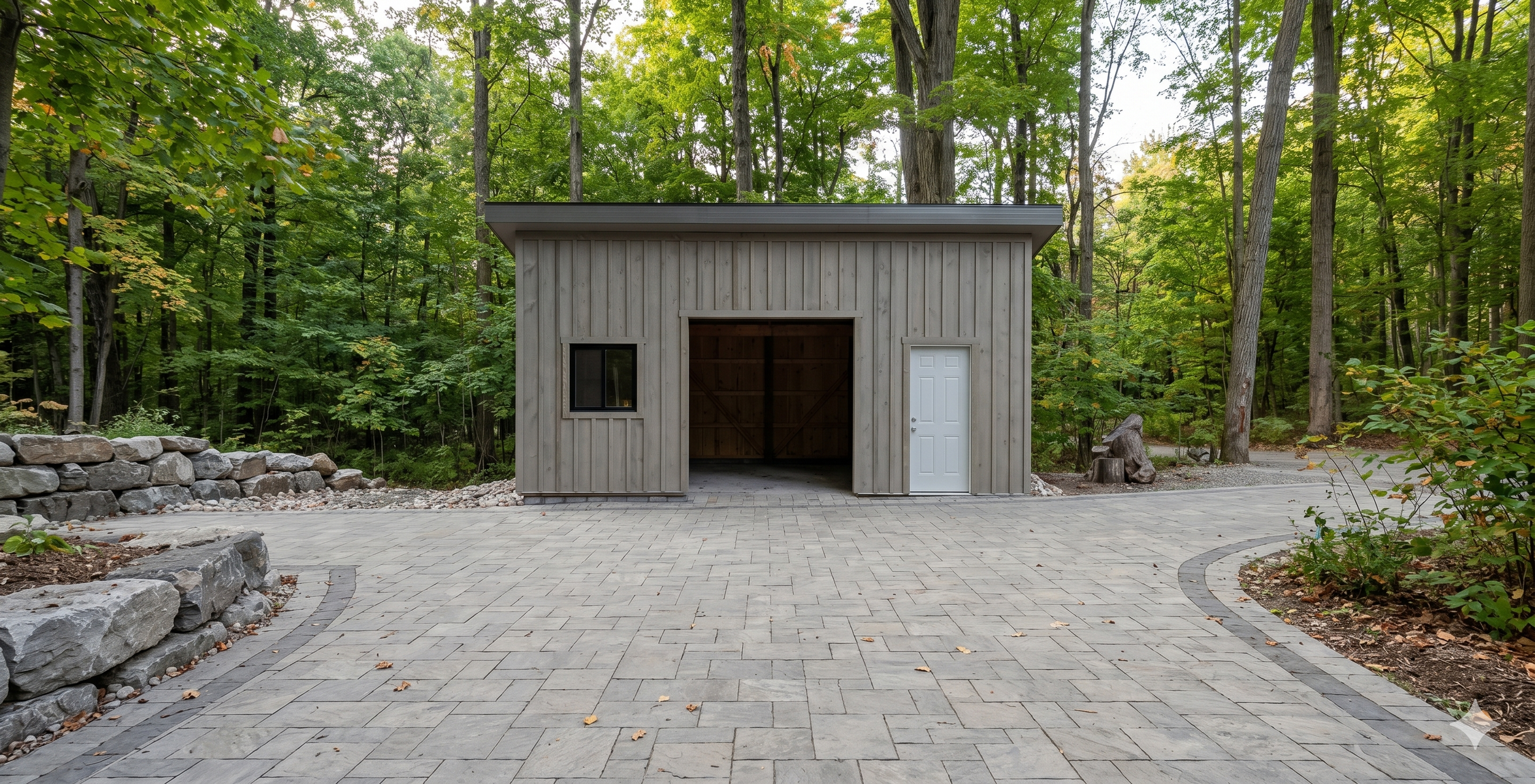 A small, modern shed with a wood exterior, a white door, and a small window, surrounded by a paved area and a wooded forest background.